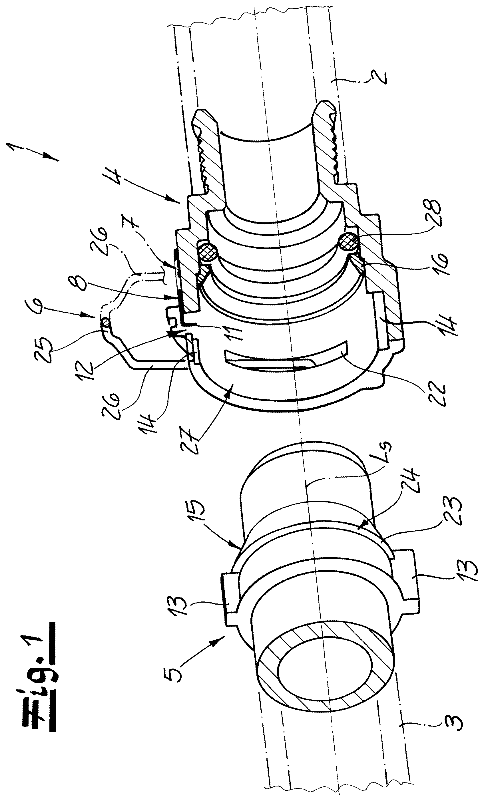 Patent US11774024 — Connector for connecting two fluid-conducting elements — Figure 1
