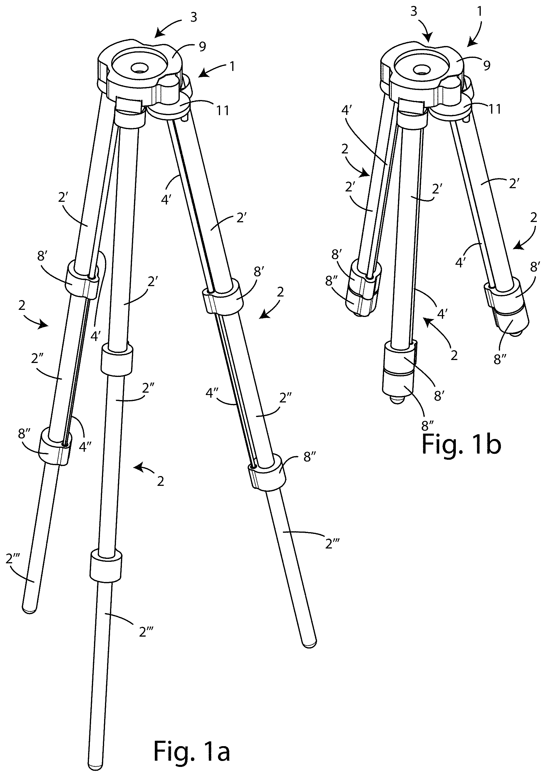 Patent US11774035 Figure 1 – Tripod with system for locking/unlocking the legs