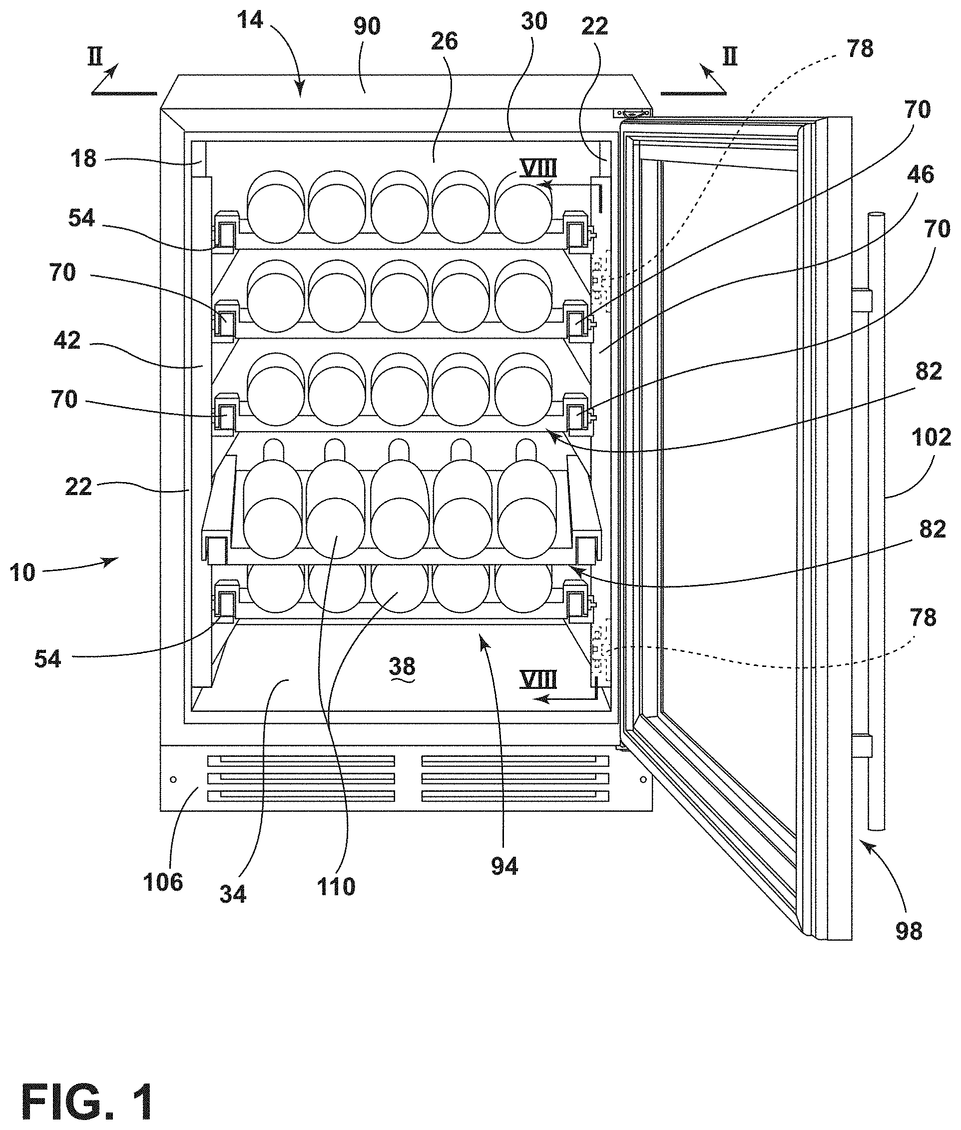 Patent US11774171 — Side wall attachment system for extractable wine shelves — Figure 1