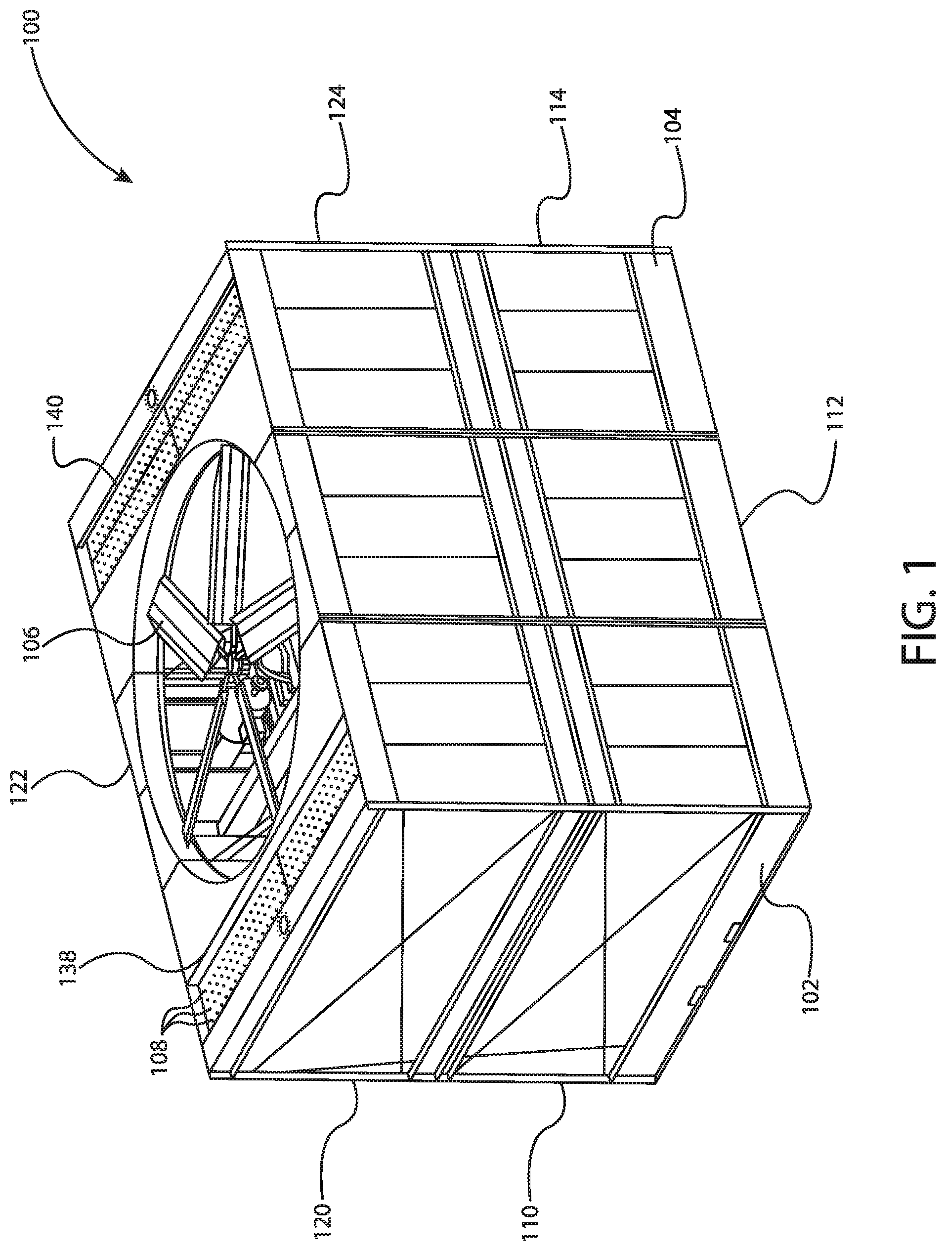 Patent US11774195 Figure 1 – Cooling tower with UV treatment of drift