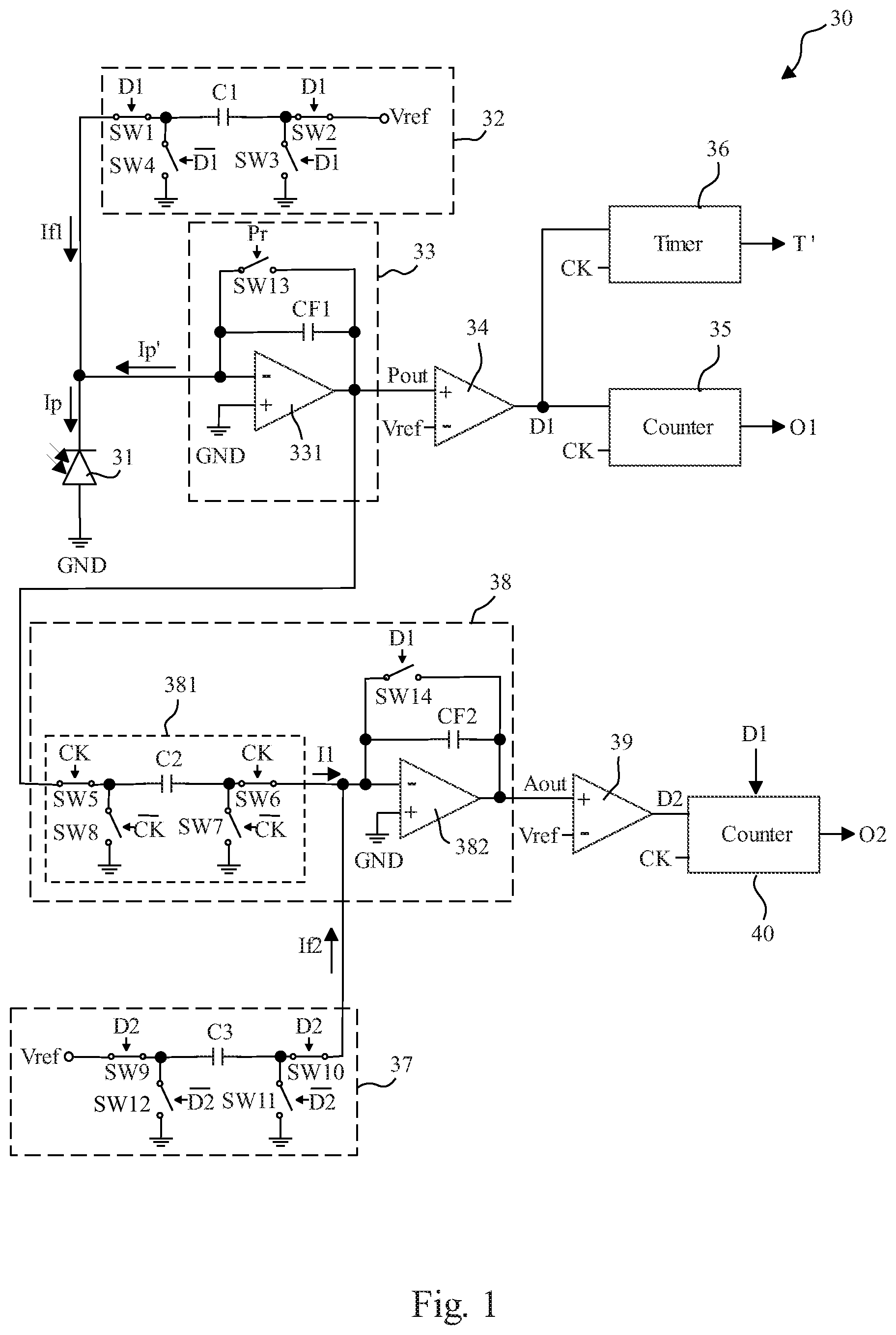 Patent US11774284 — High-sensitivity light sensor and sensing method thereof comprising a plurality of comparator circuits, reset circuits and counter circuits — Figure 1