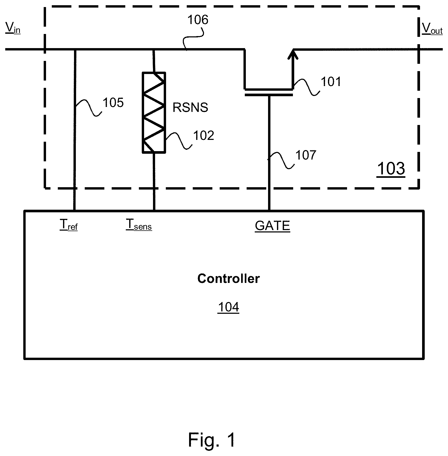 Patent US11774296 — Method and circuit for sensing MOSFET temperature for load switch application — Figure 1