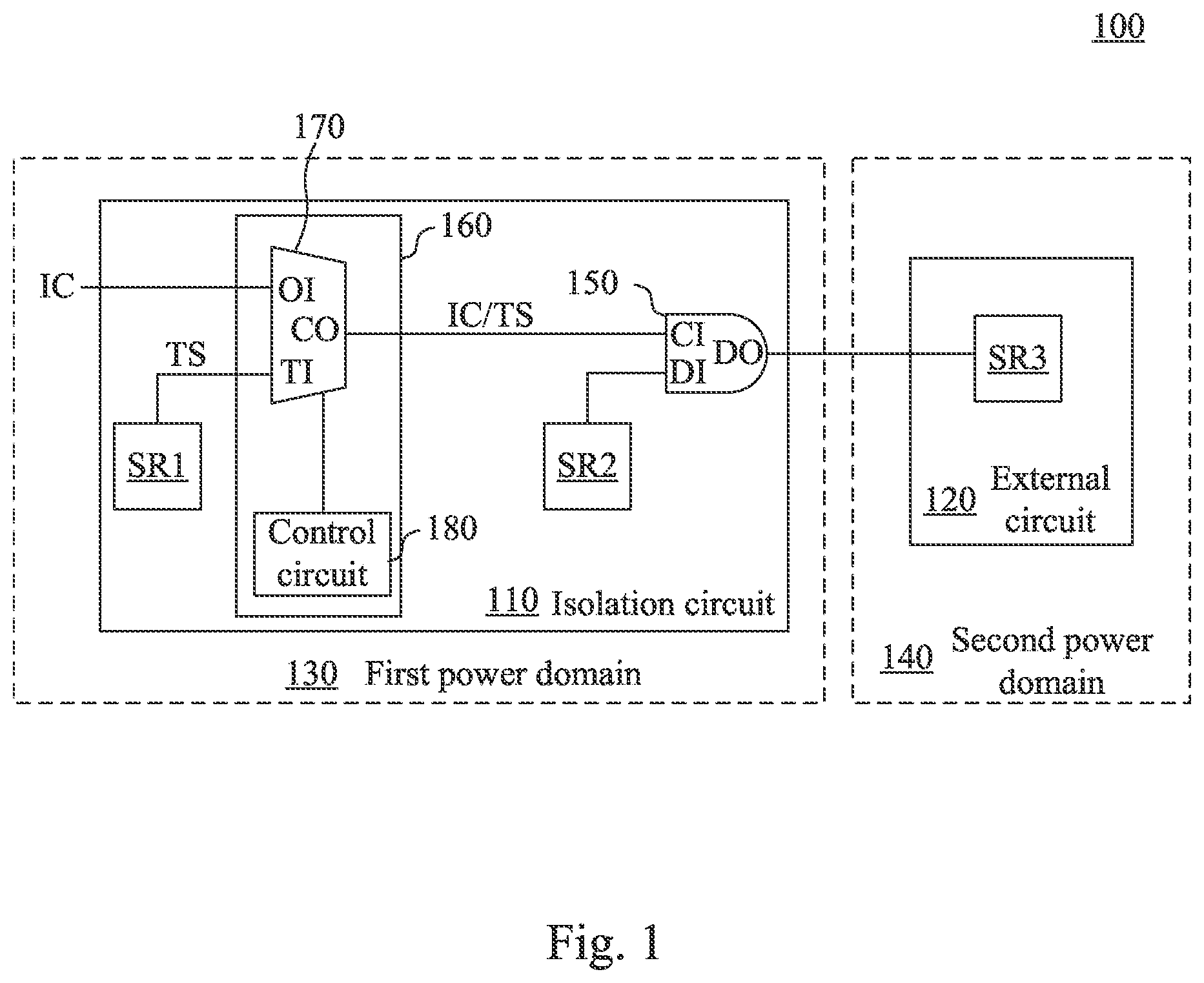 Patent US11774497 Figure 1 – Isolation circuit having test mechanism and test method thereof