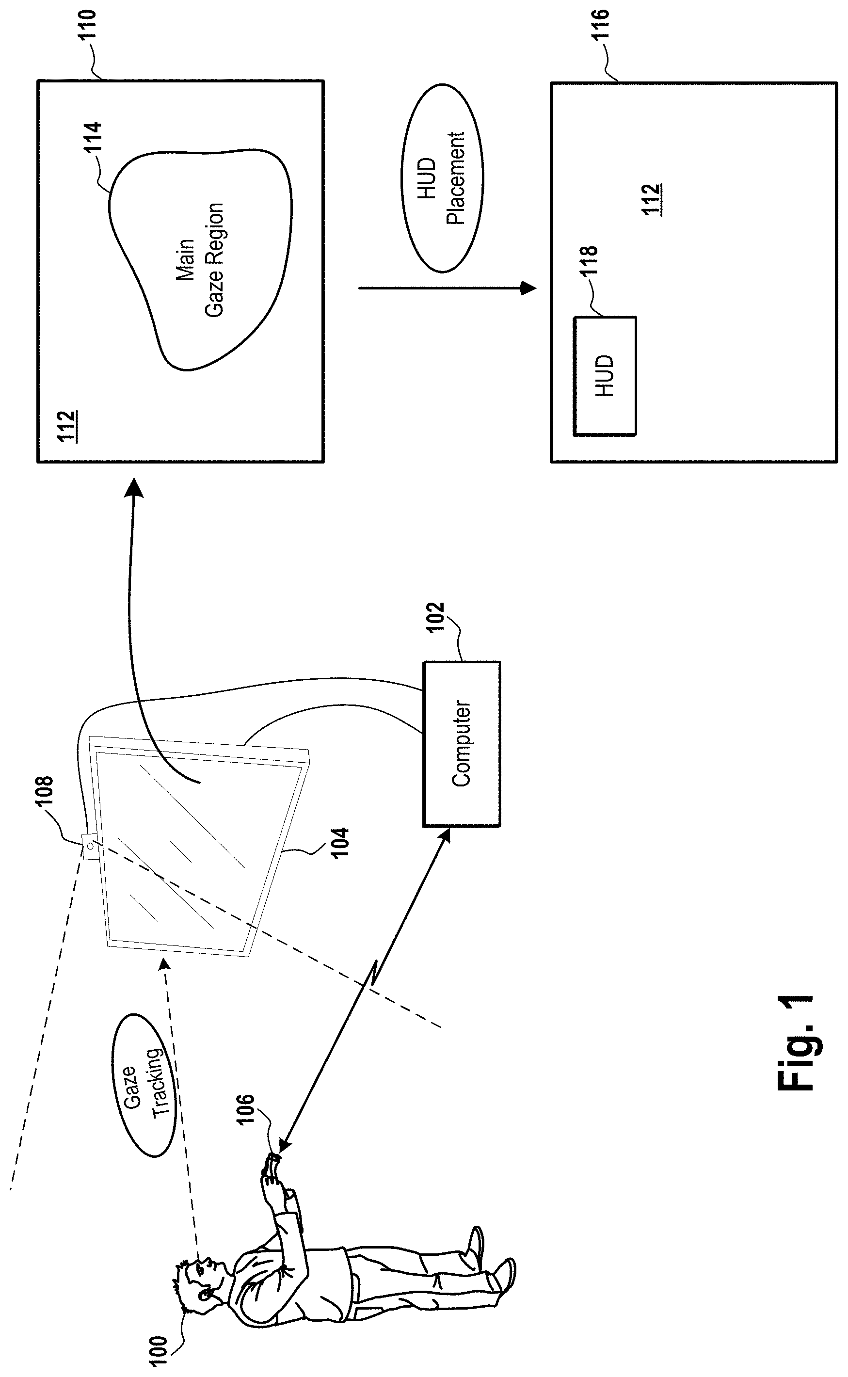 Patent US11774754 — Automatic positioning of head-up display based on gaze tracking — Figure 1