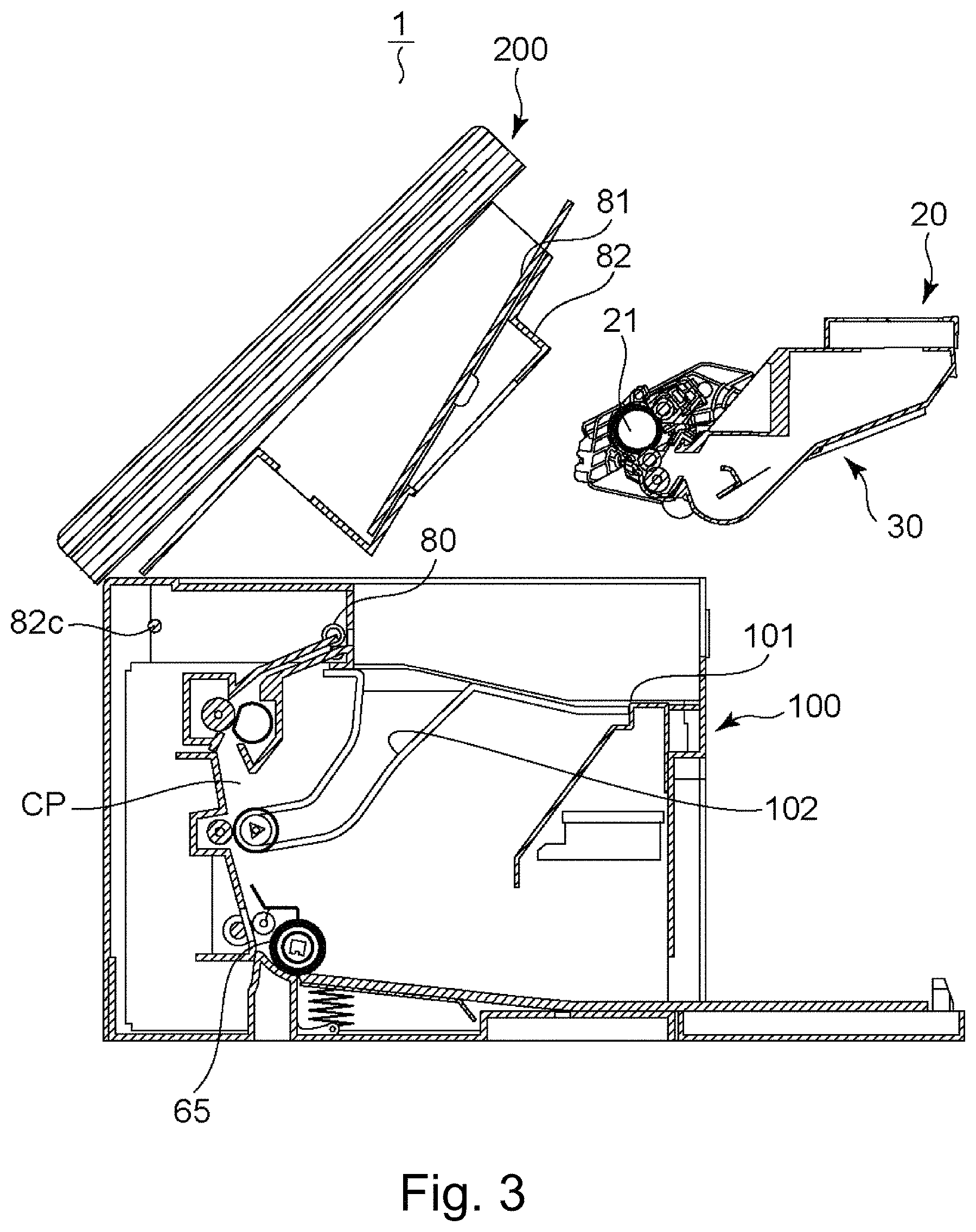Patent US11774881 Figure 3 – Toner container having a base portion with a discharge opening and a hole