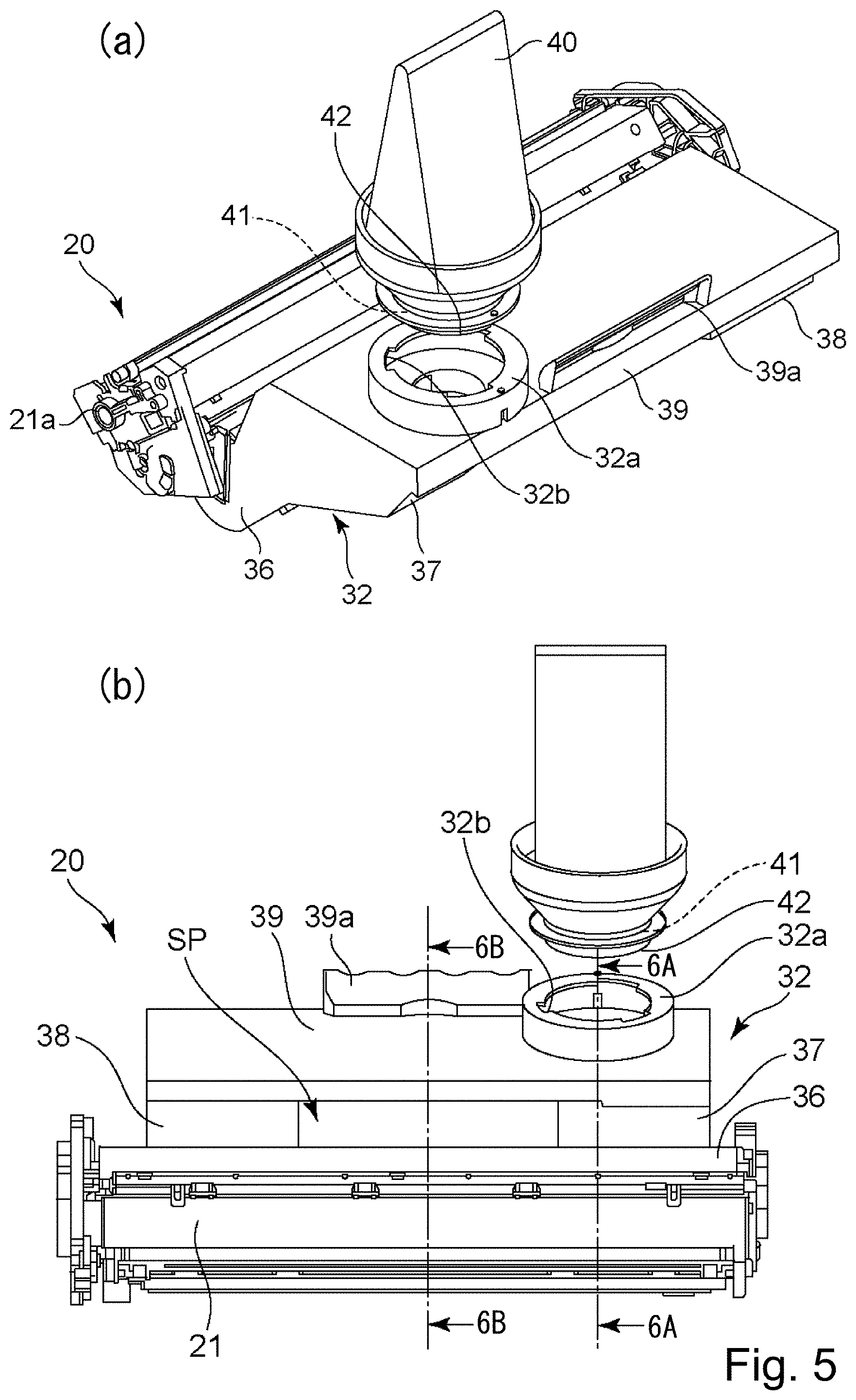 Patent US11774881 Figure 5 – Toner container having a base portion with a discharge opening and a hole