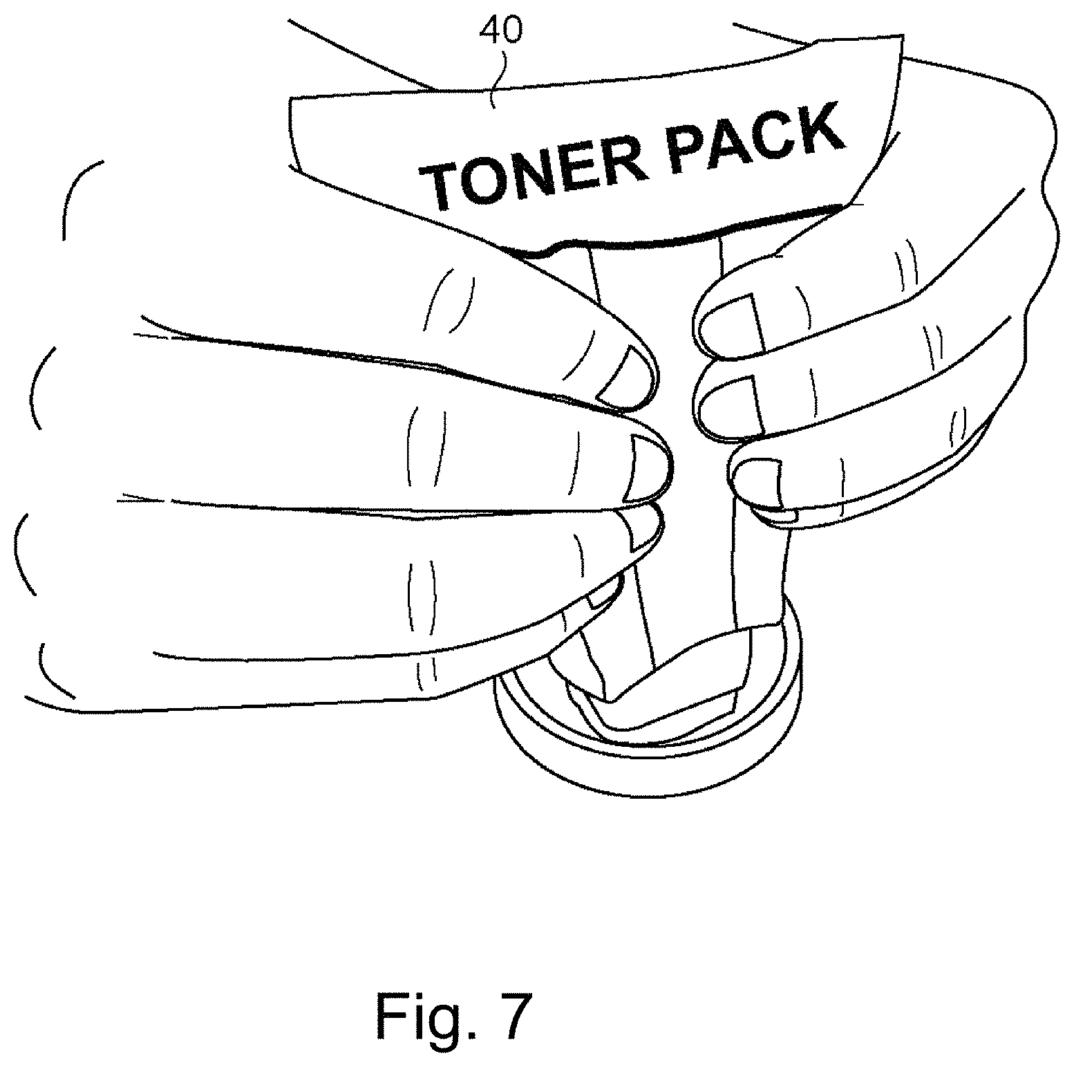 Patent US11774881 Figure 7 – Toner container having a base portion with a discharge opening and a hole