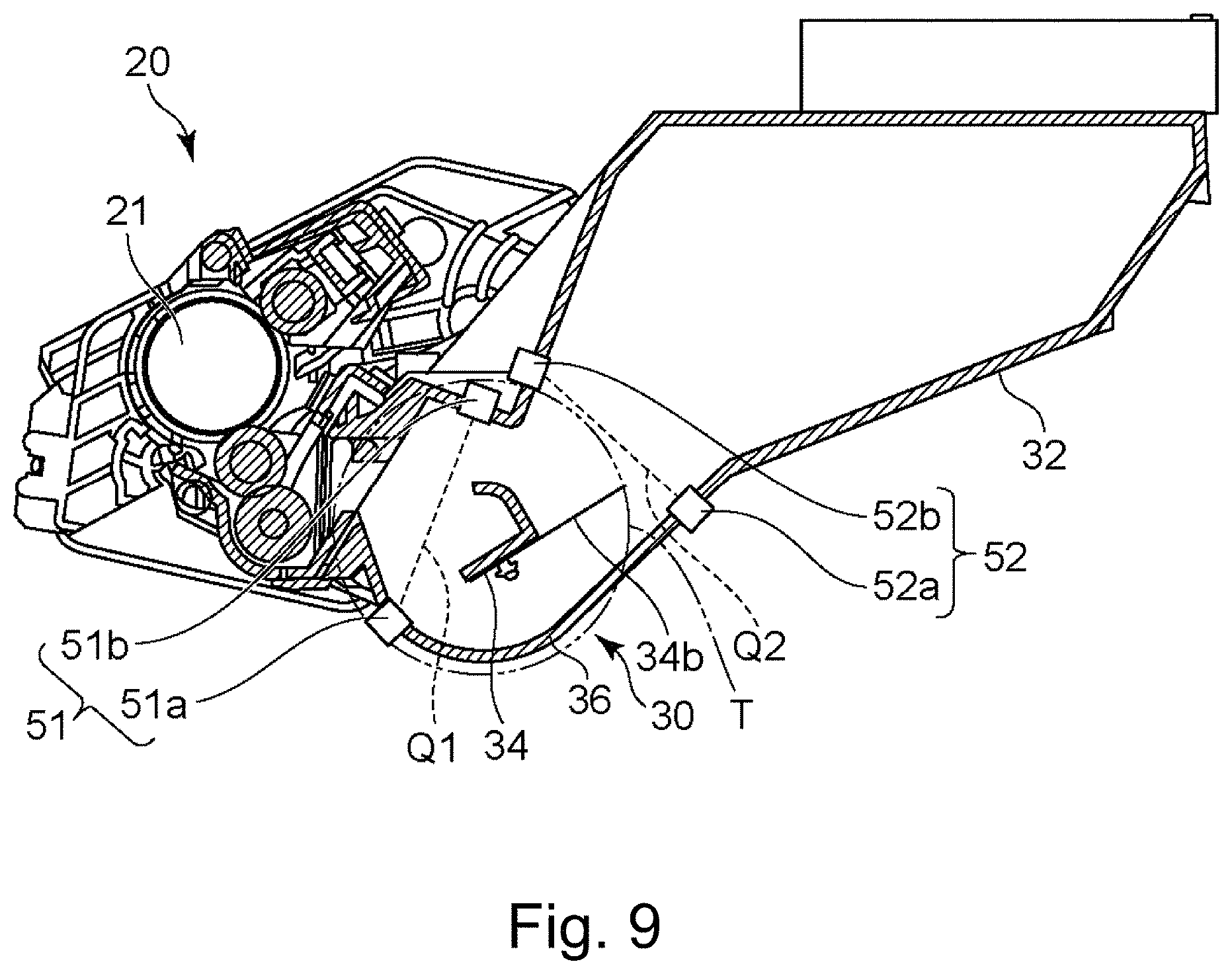 Patent US11774881 Figure 9 – Toner container having a base portion with a discharge opening and a hole