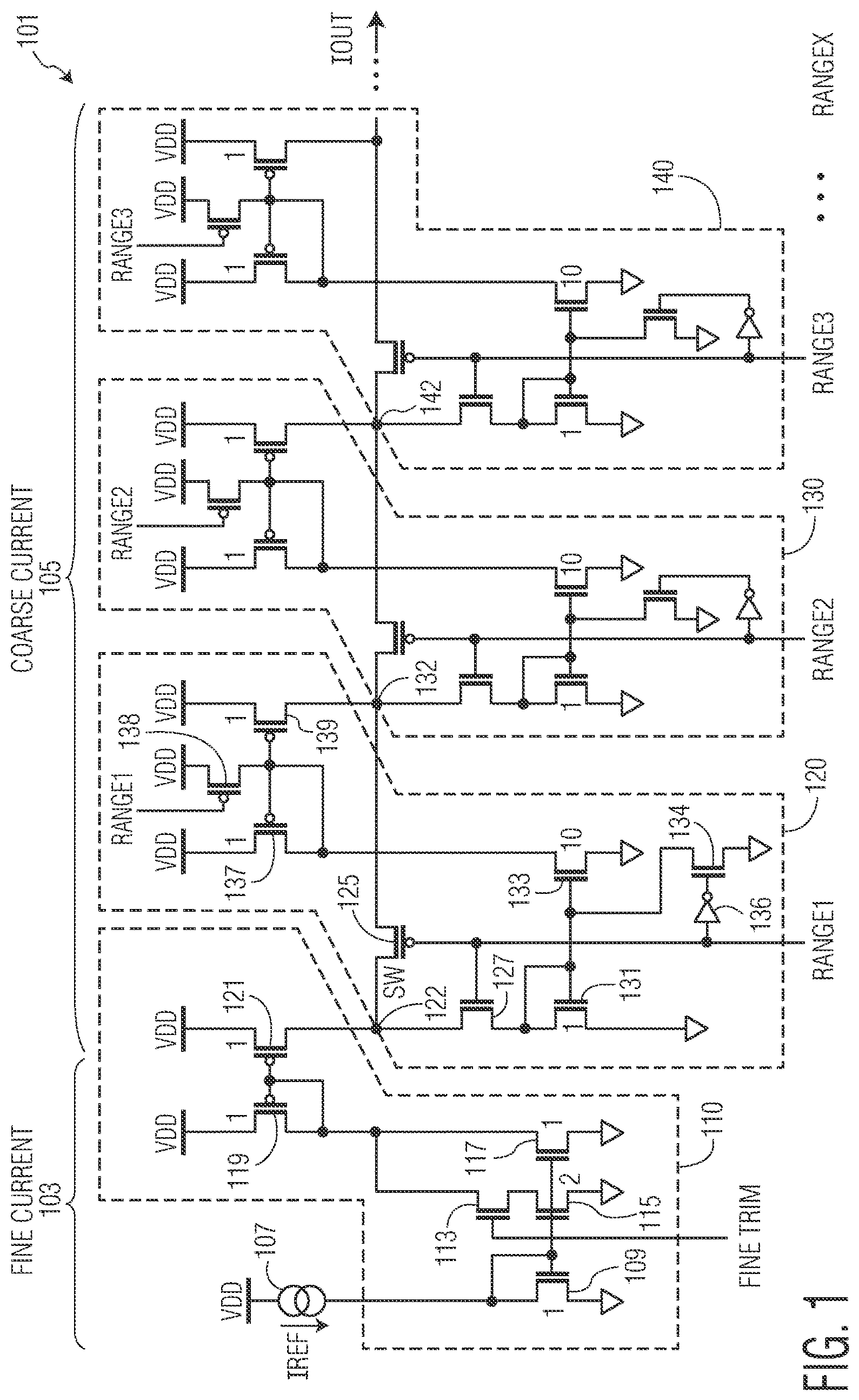 Patent US11775000 — Circuit with selectively implementable current mirror circuitry — Figure 1