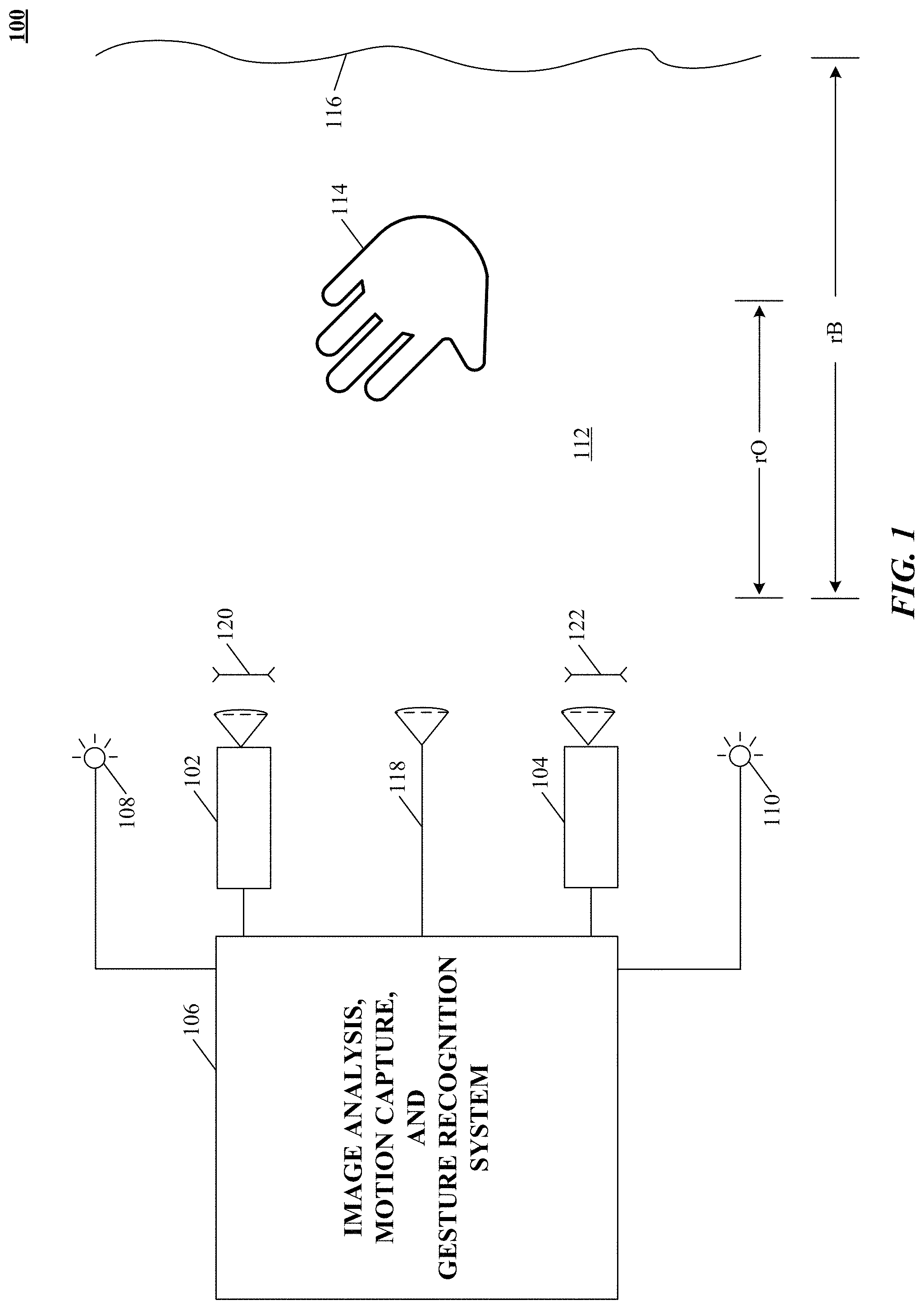 Patent US11775033 — Enhanced field of view to augment three-dimensional (3D) sensory space for free-space gesture interpretation — Figure 1