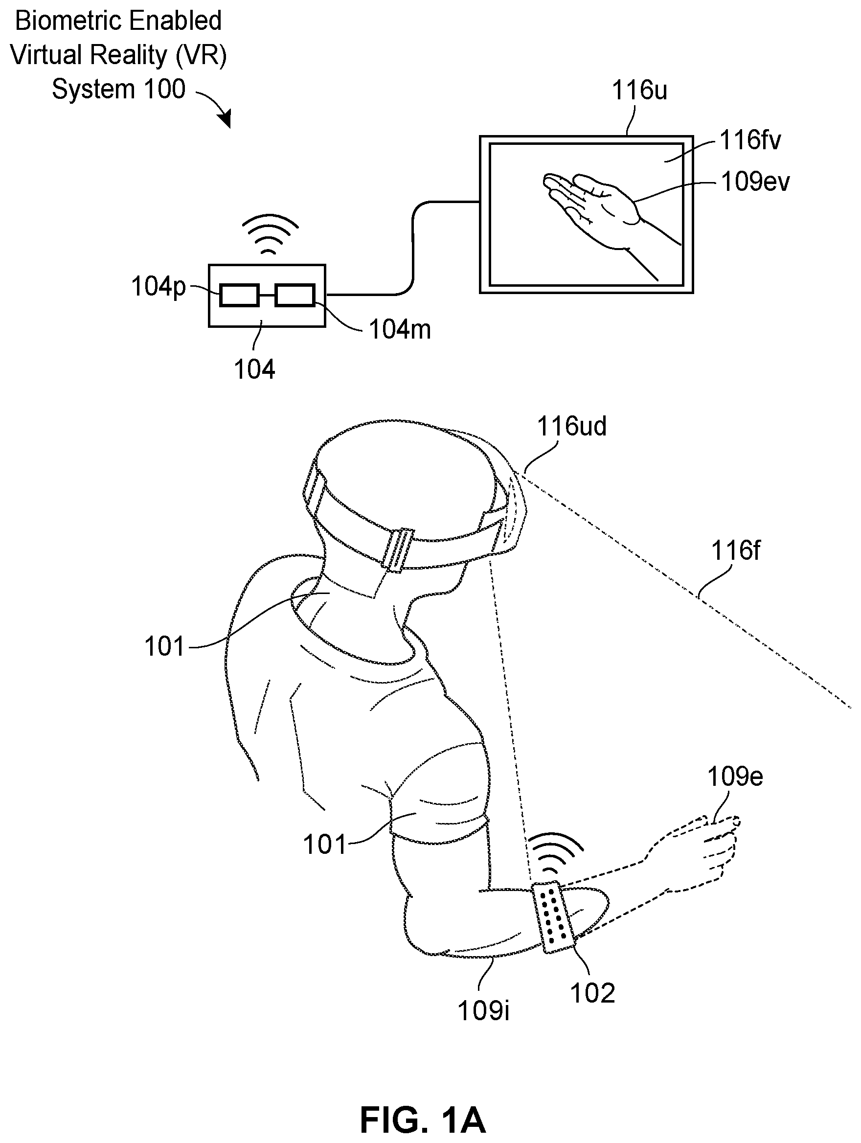 Patent US11775066 — Biometric enabled virtual reality systems and methods for detecting user intentions and manipulating virtual avatar control based on user intentions for providing kinematic awareness in holographic space, two-dimensional (2D), or three-dimensional (3D) virtual space — Figure 1