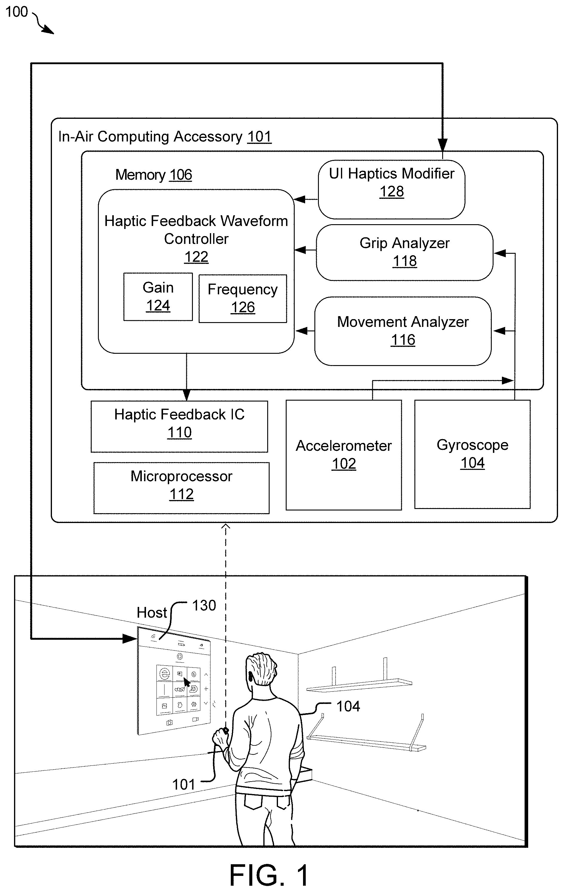 Patent US11775071 — Haptic feedback from a computing accessory — Figure 1