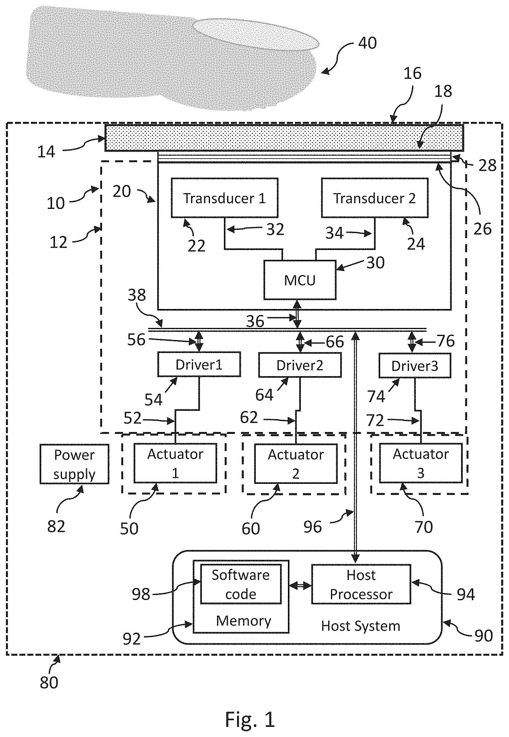 Patent US11775073 — Integrated virtual button module, integrated virtual button system, and method of determining user input and providing user feedback — Figure 1