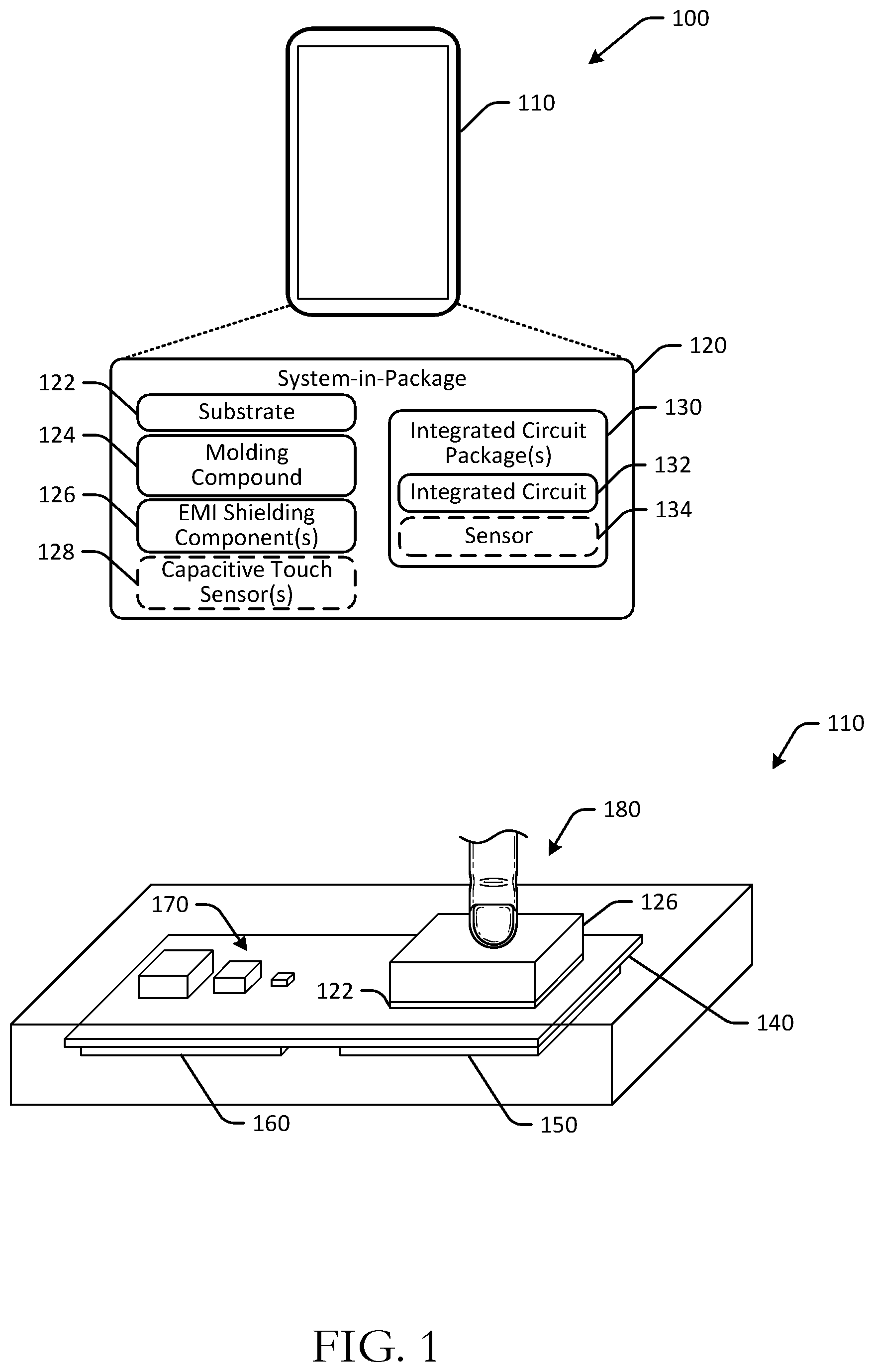 Patent US11775119 — Capacitive touch sensing using system-in-package components — Figure 1
