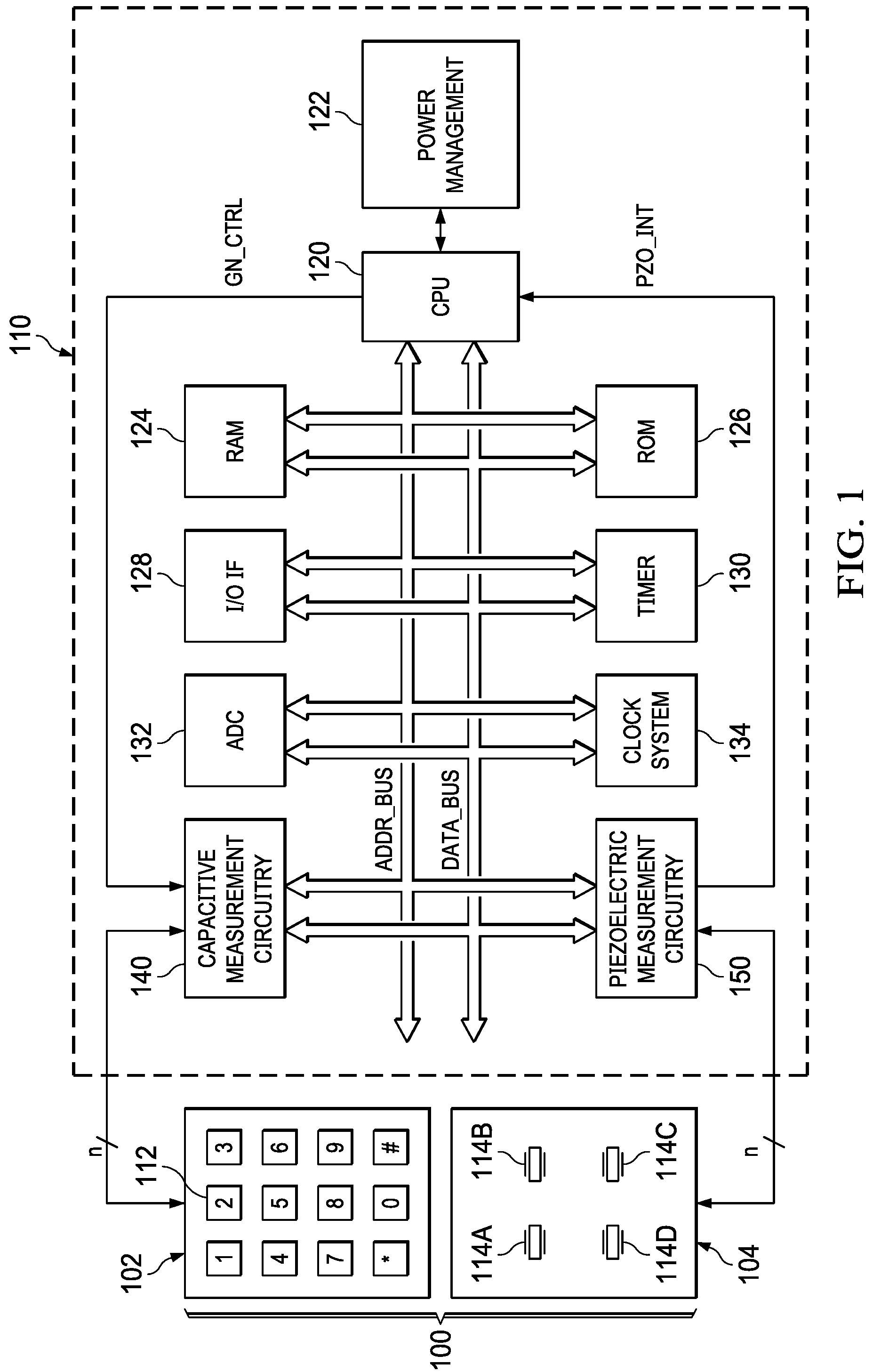Patent US11775120 — Combined capacitive and piezoelectric sensing in a human machine interface — Figure 1