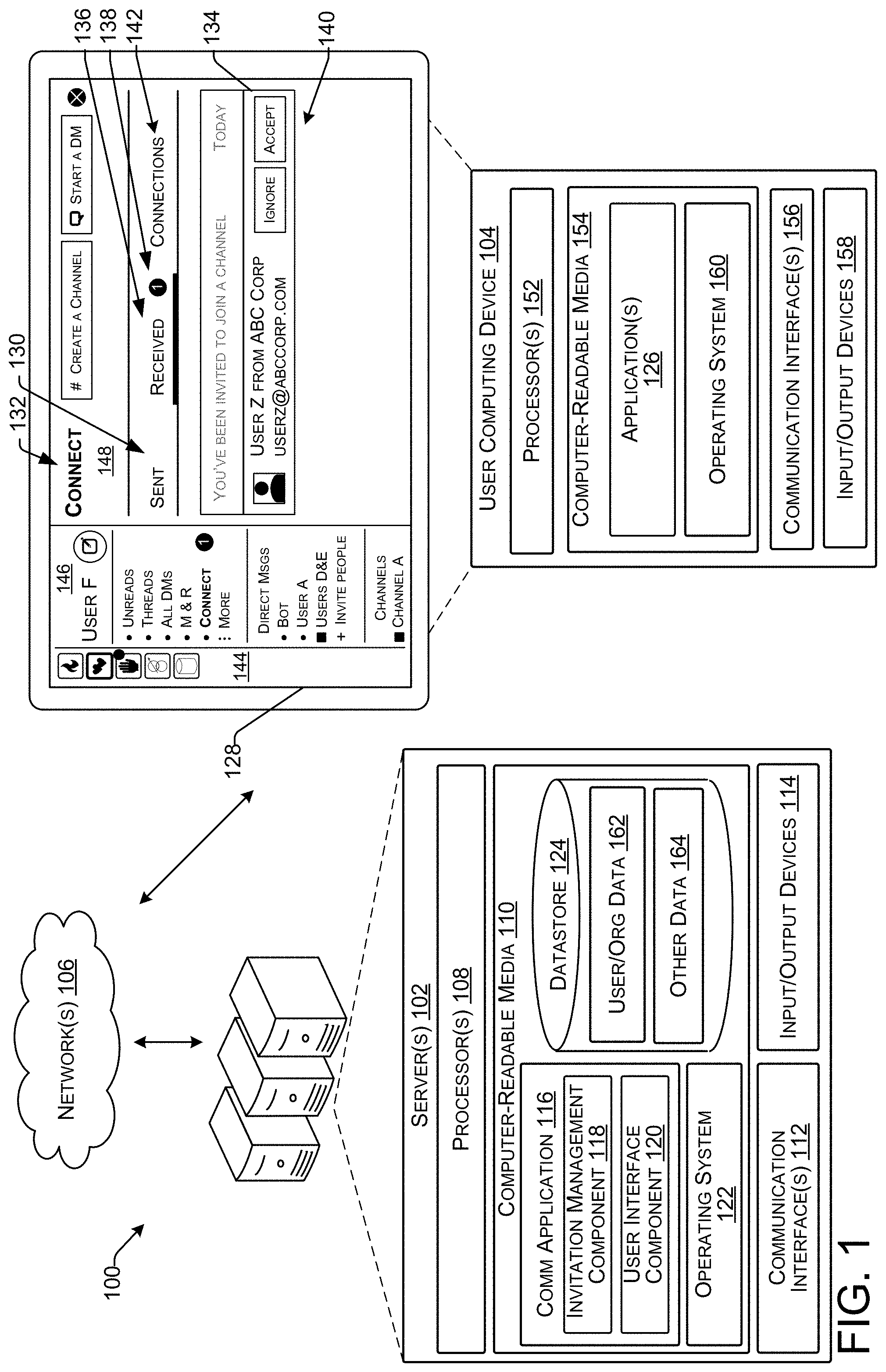 Patent US11775137 — Connections interface for communication platform — Figure 1