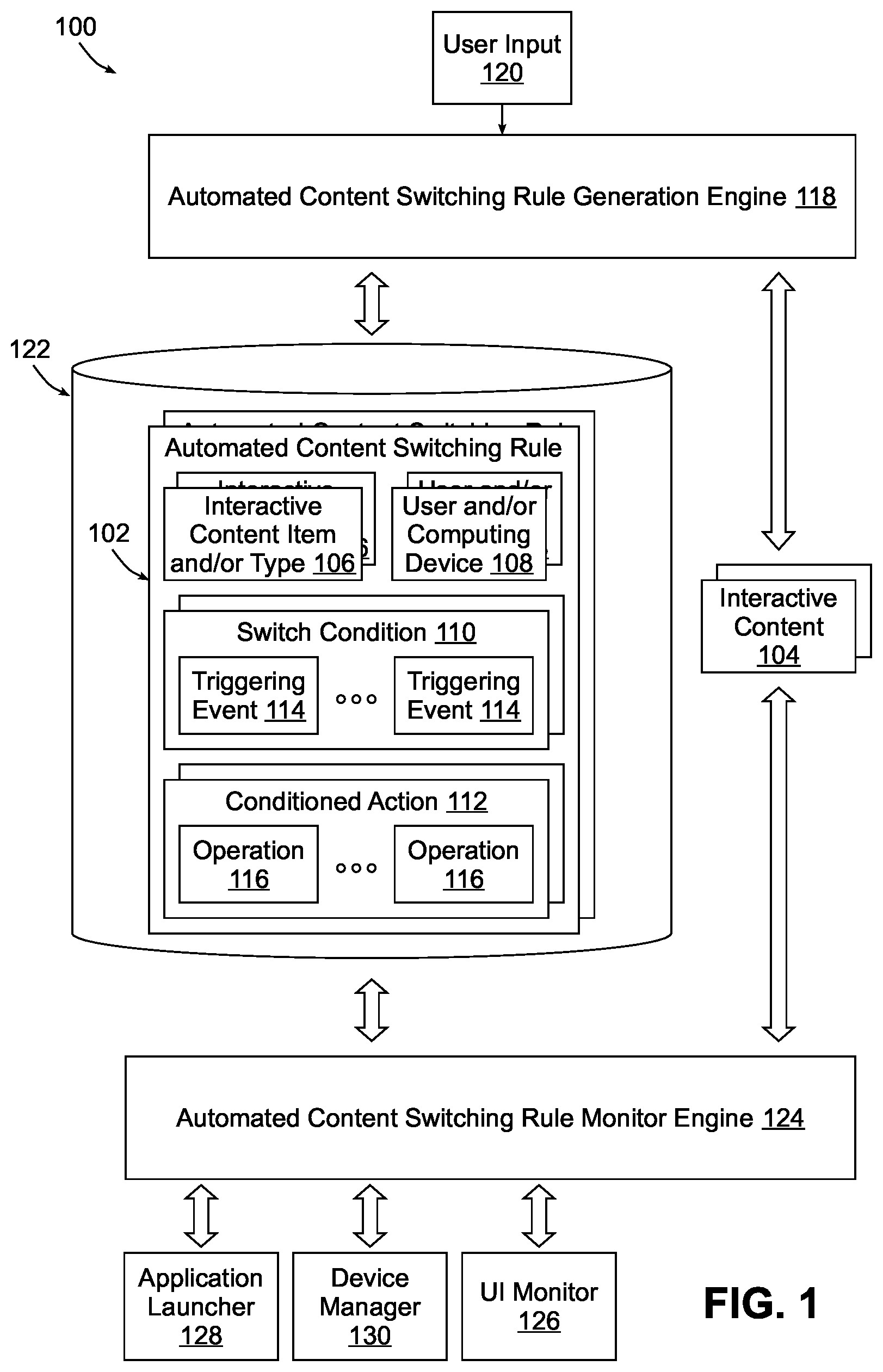 Patent US11775324 — Automated content switching rule for controlling access to interactive content on a computing device — Figure 1