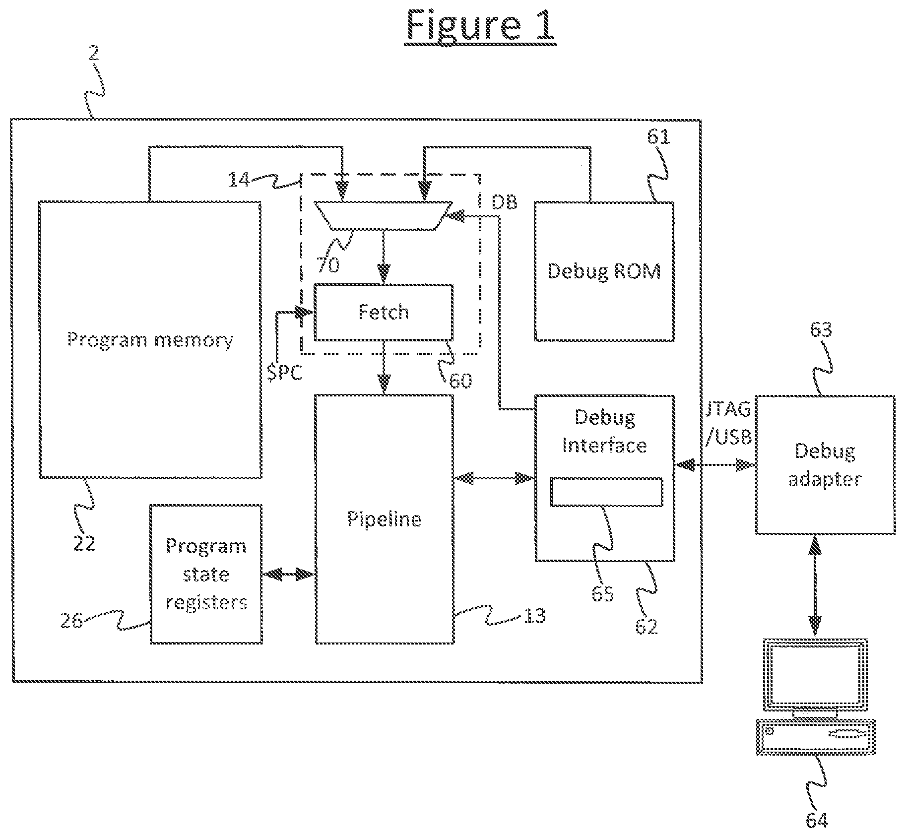 Patent US11775415 Figure 1 – Debugging instruction register to receive and input debugging instructions to a processor for a thread of execution in a debug mode