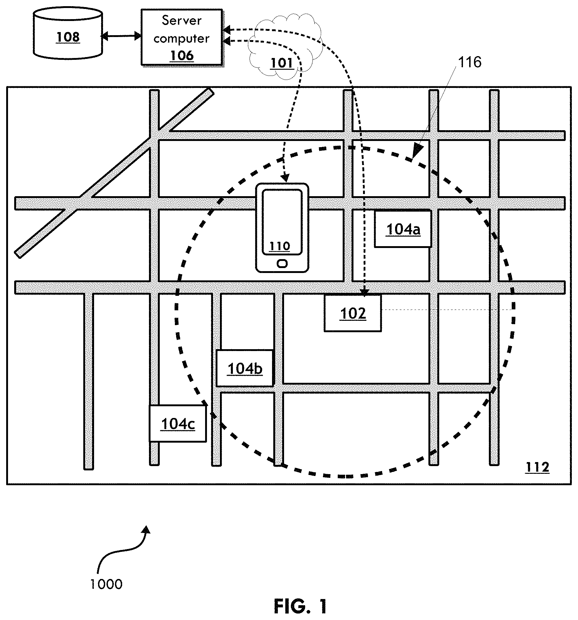 Patent US11775995 Figure 1 – System, method, and computer program product for providing real-time offers based on geolocation and merchant category