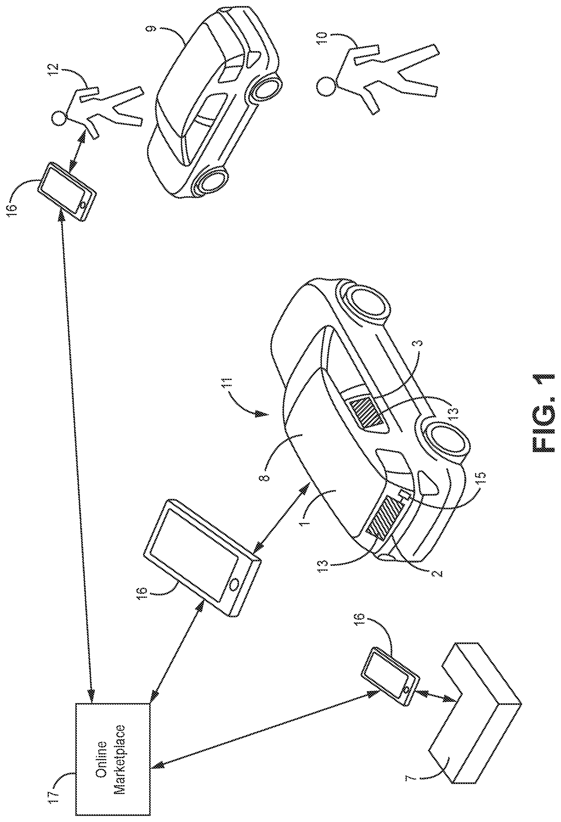 Patent US11776015 — Apparatus, process, and system for display of images on windows of vehicles — Figure 1