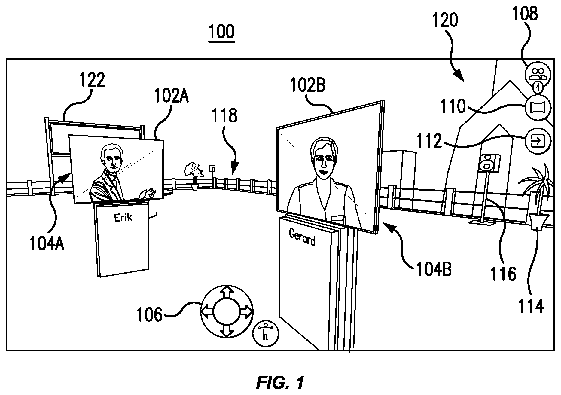 Patent US11776203 — Volumetric scattering effect in a three-dimensional virtual environment with navigable video avatars — Figure 1