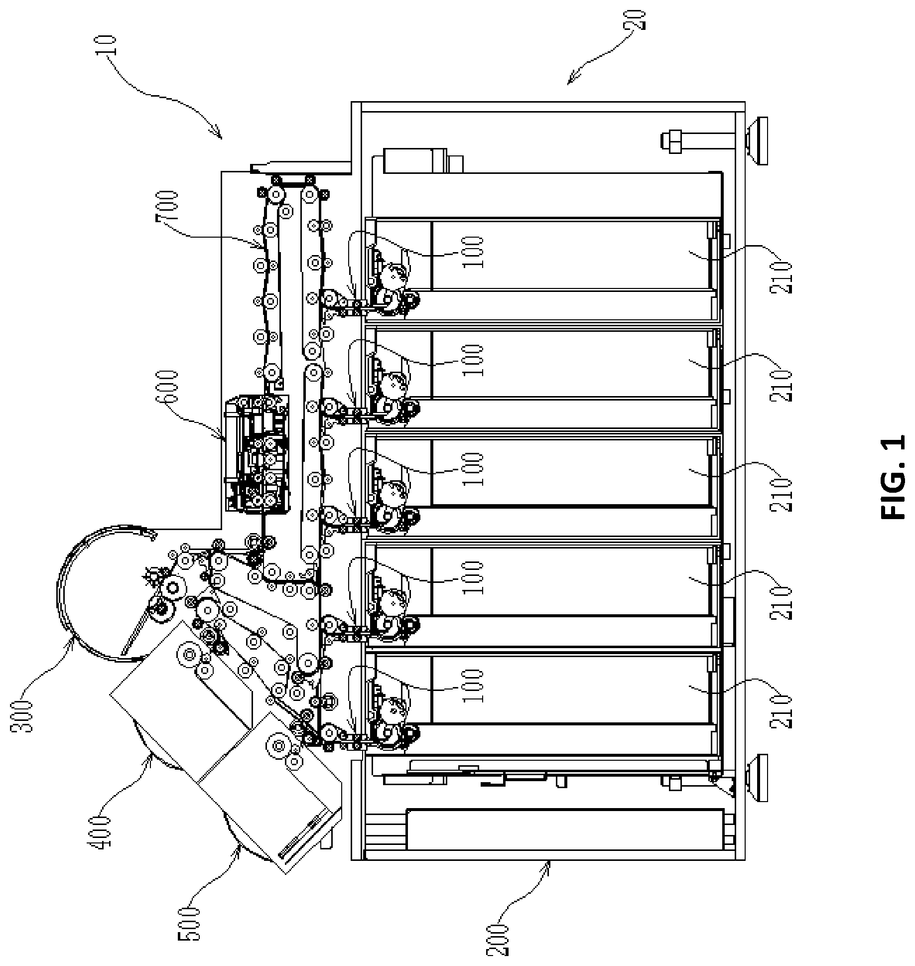 Patent US11776346 — Sheet-type medium conveying device and cash recycling and handling apparatus — Figure 1