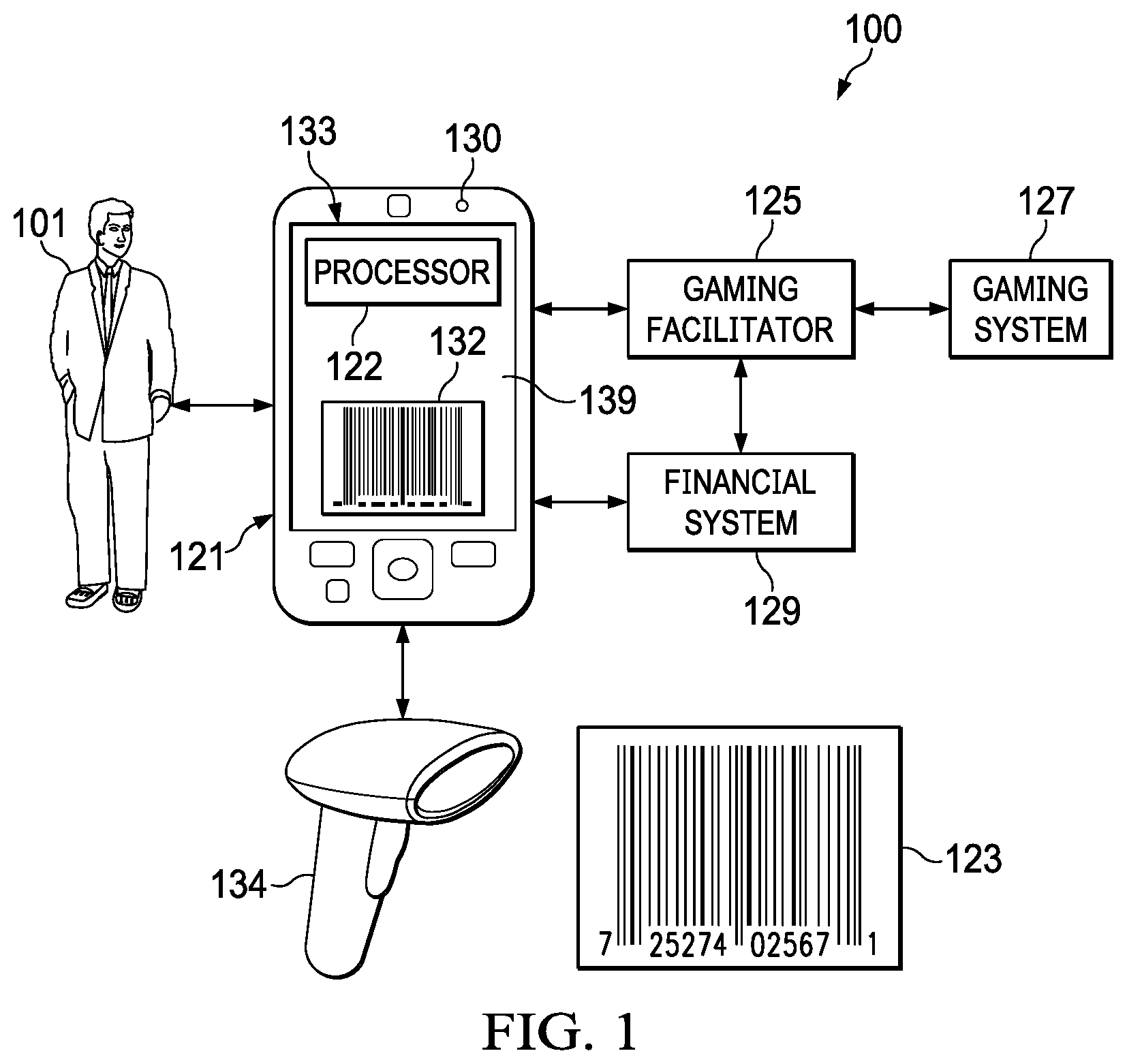 Patent US11776355 — Processing of a game-playing transaction based on location — Figure 1