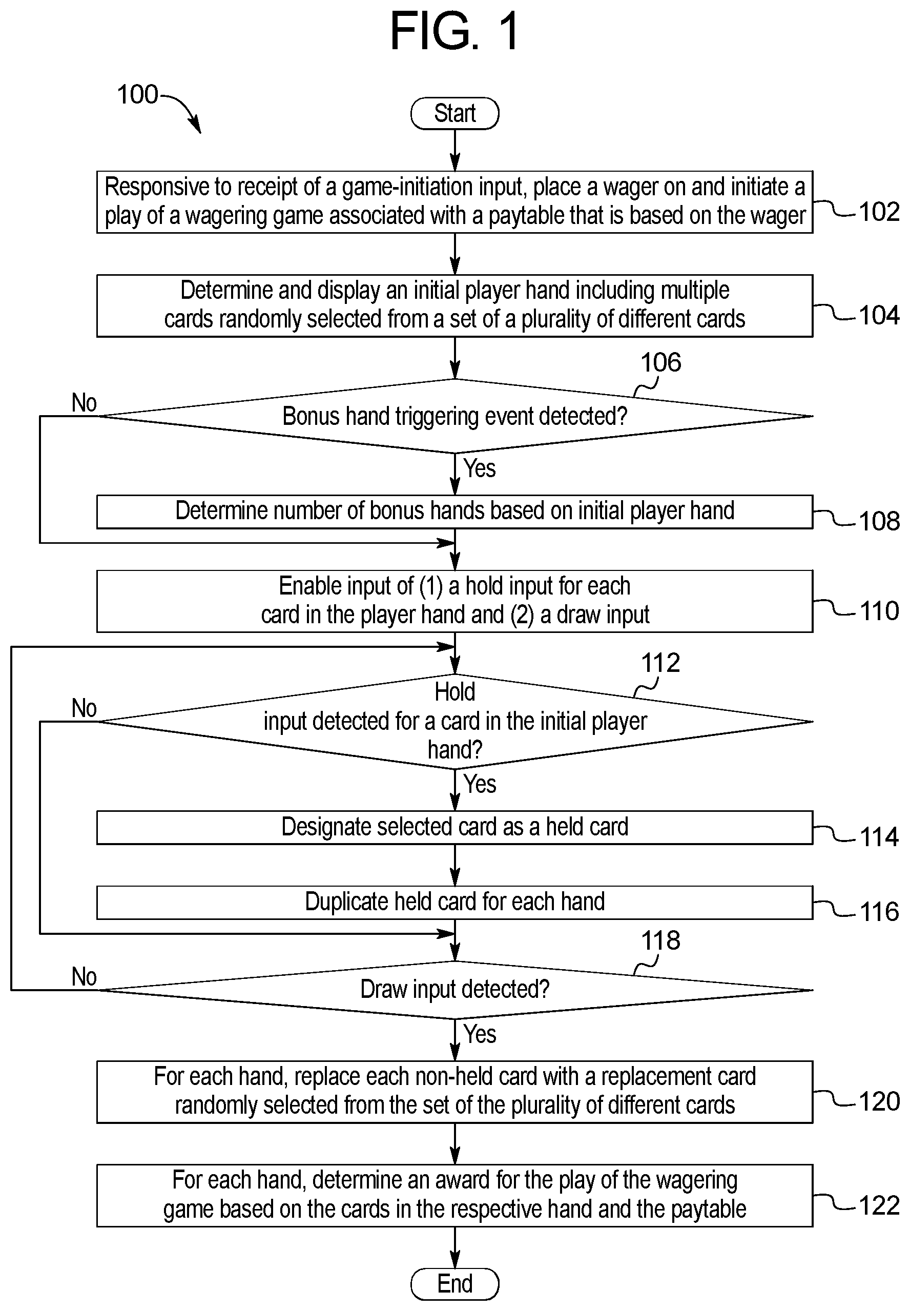 Patent US11776361 — Gaming system and method providing a wagering game with a bonus hands feature — Figure 1