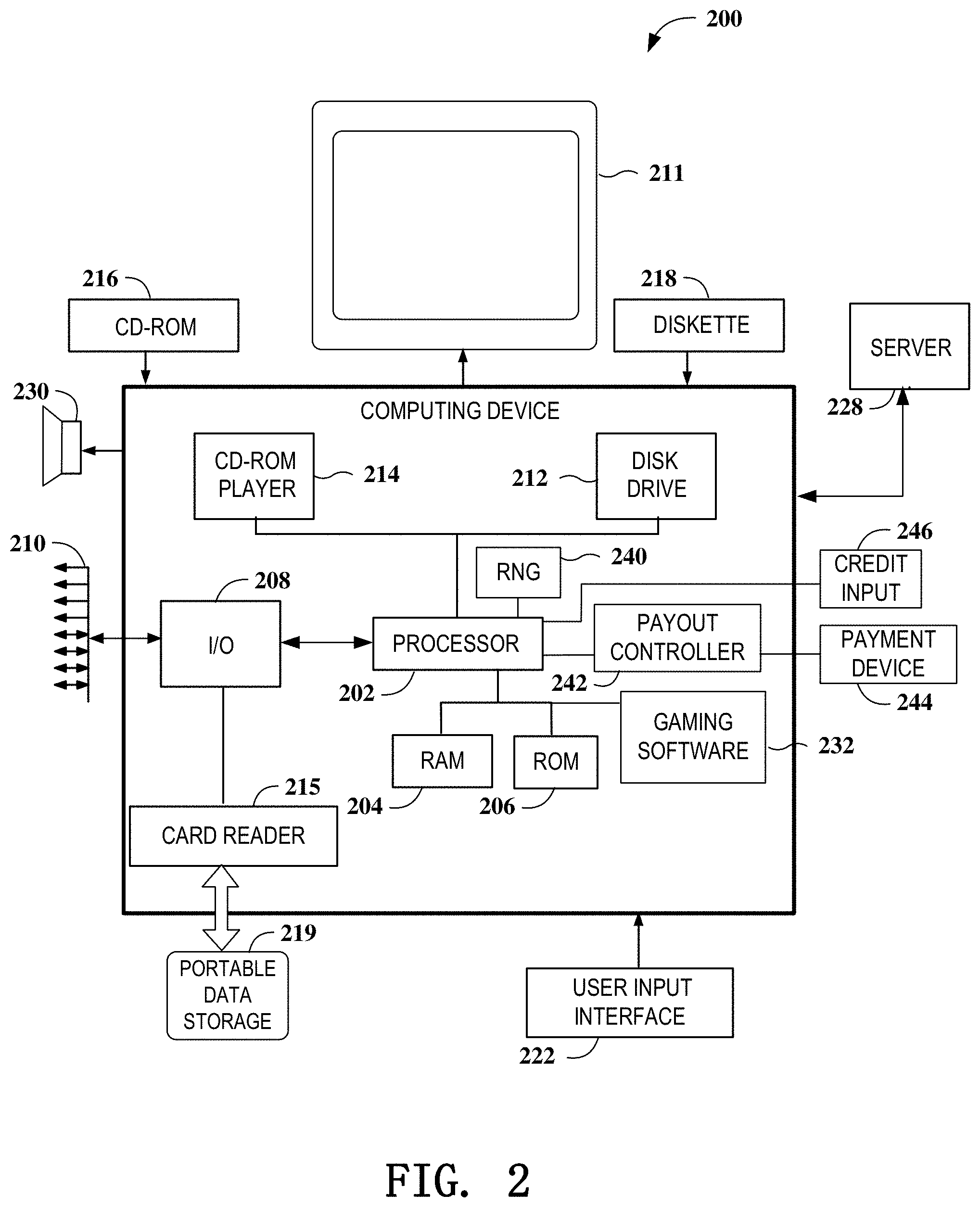 Patent US11776363 Figure 2 – Gaming devices and methods for enriching game play with migrating award enhancements