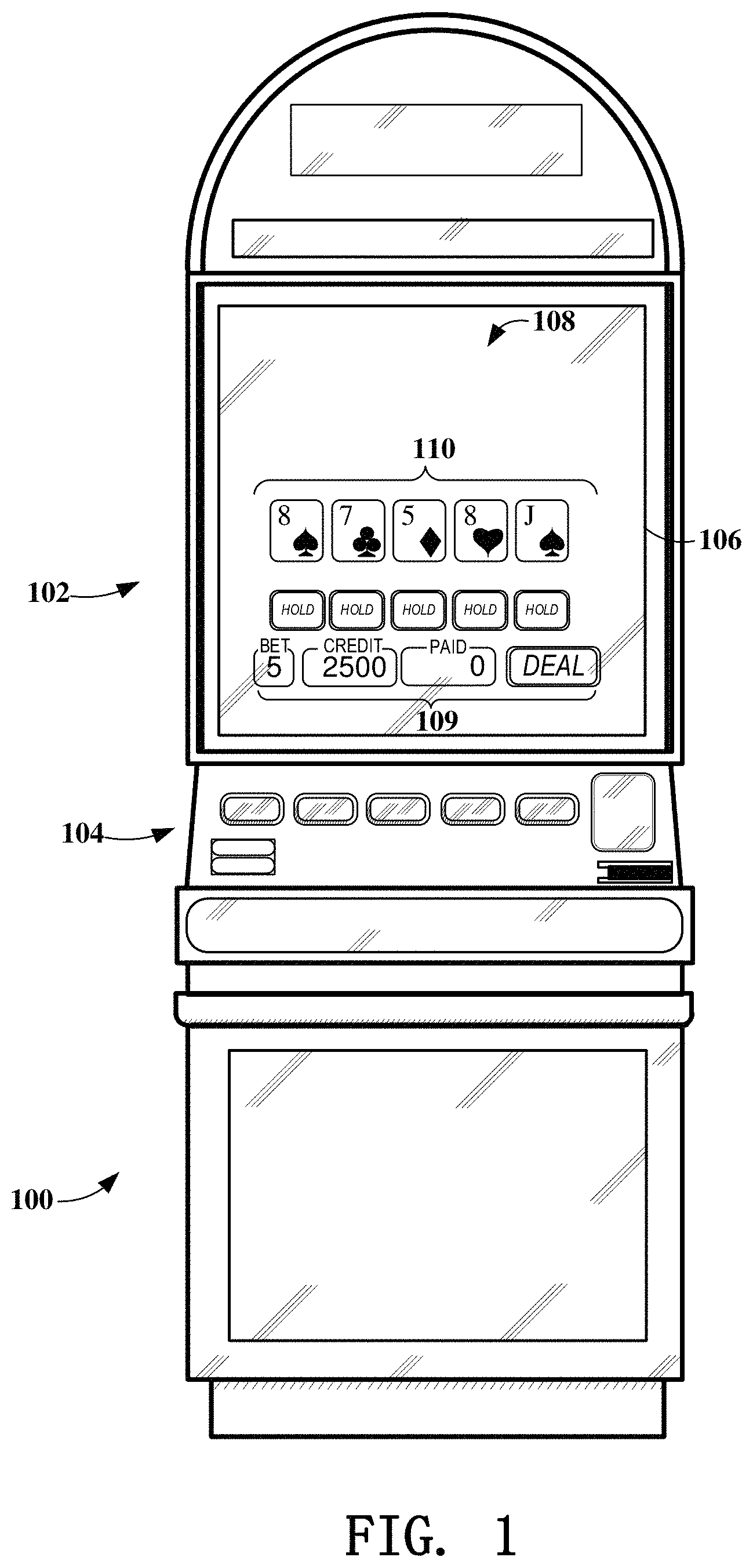 Patent US11776364 — Gaming device having poker lock and improve feature — Figure 1