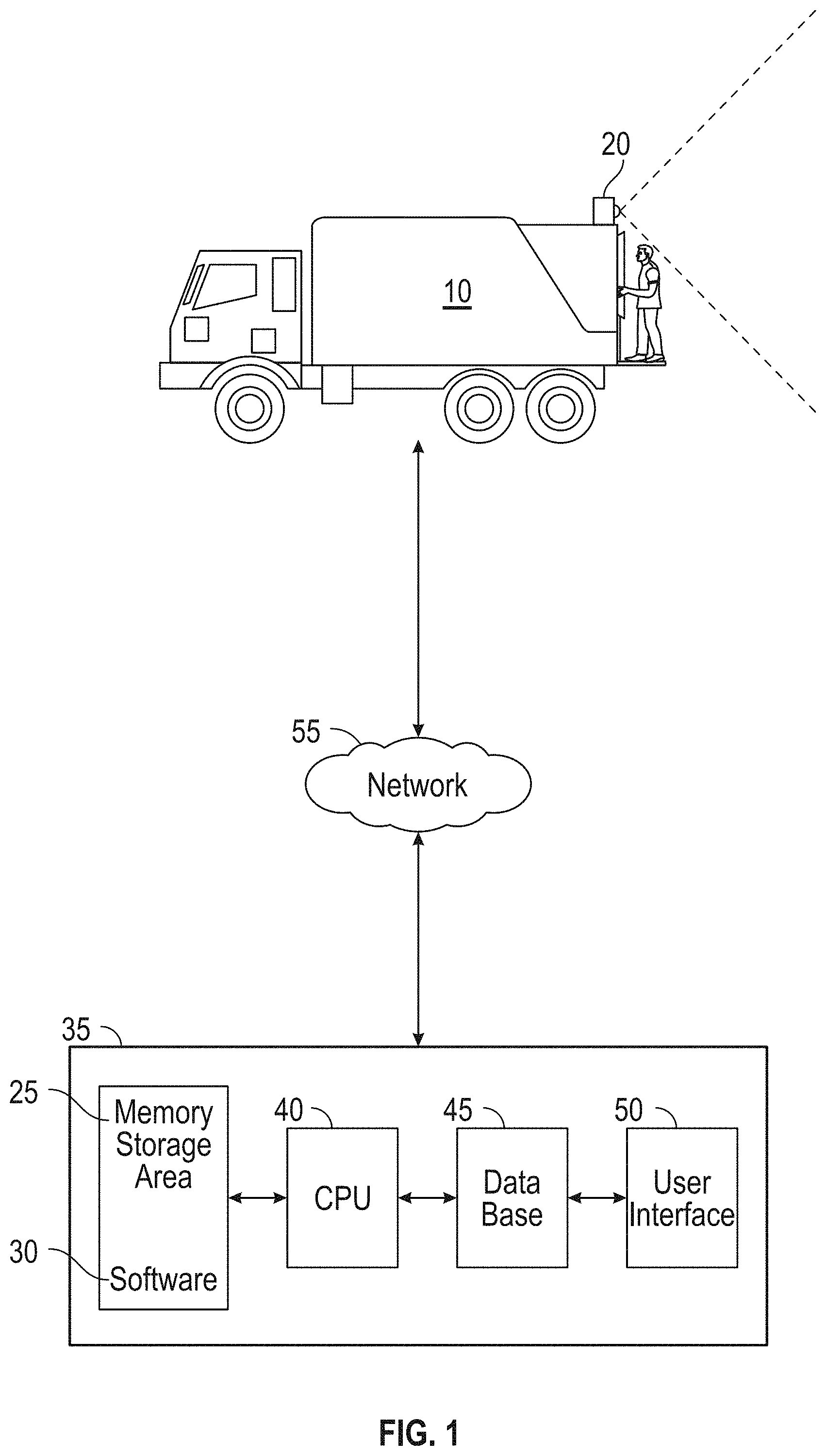 Patent US11776383 Figure 1 – System and method for oncoming vehicle detection and alerts for a waste collection vehicle