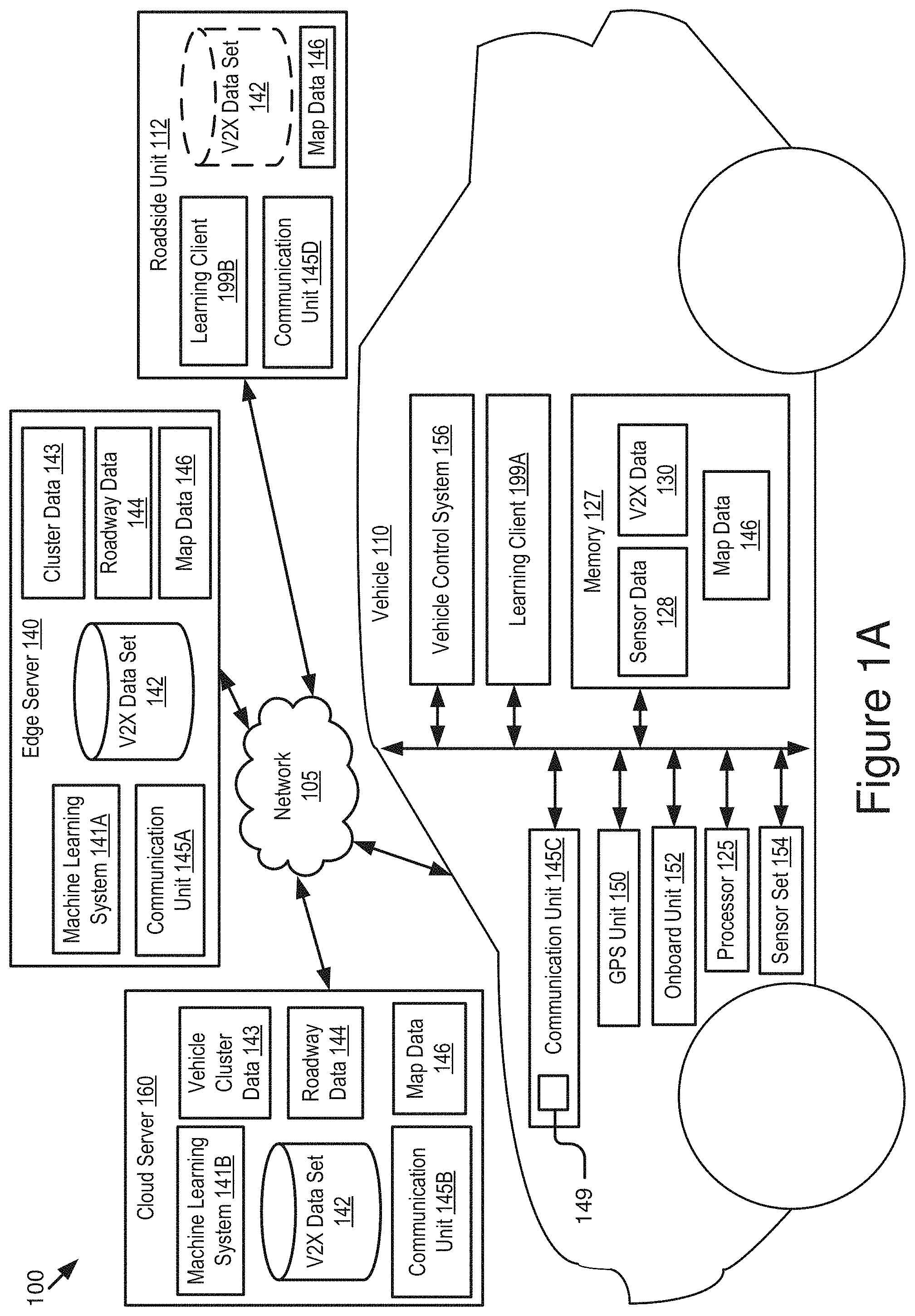 Patent US11776390 — Machine learning system for roadway feature extraction from wireless vehicle data — Figure 1