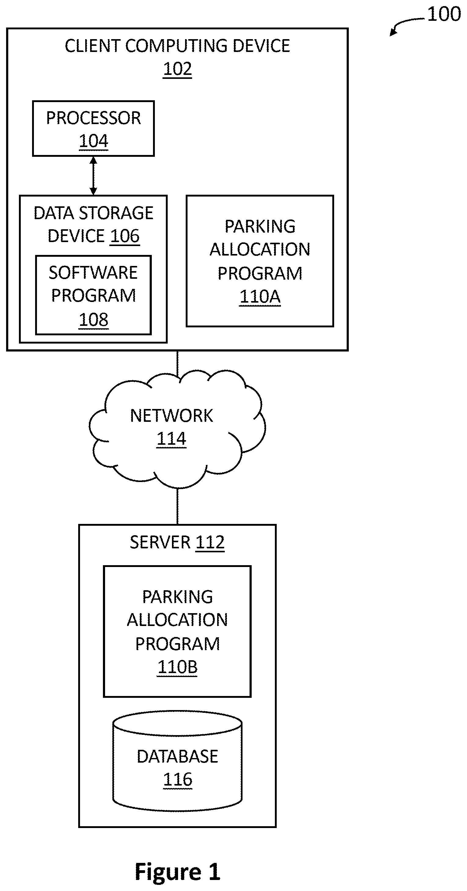 Patent US11776404 — Ad-hoc network optimization by parking allocation — Figure 1