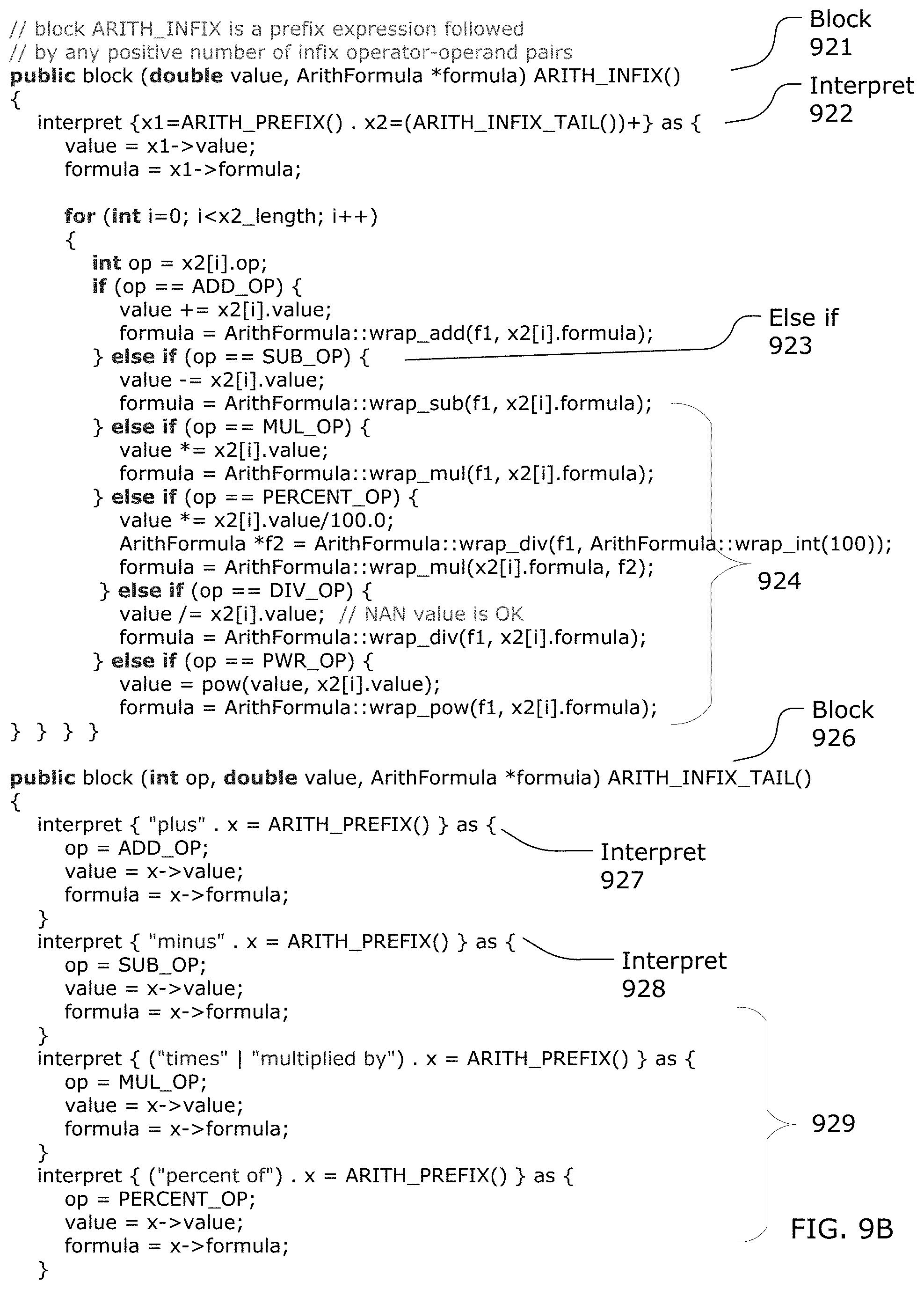 Patent US11776533 Figure 8 – Building a natural language understanding application using a received electronic record containing programming code including an interpret-block, an interpret-statement, a pattern expression and an action statement