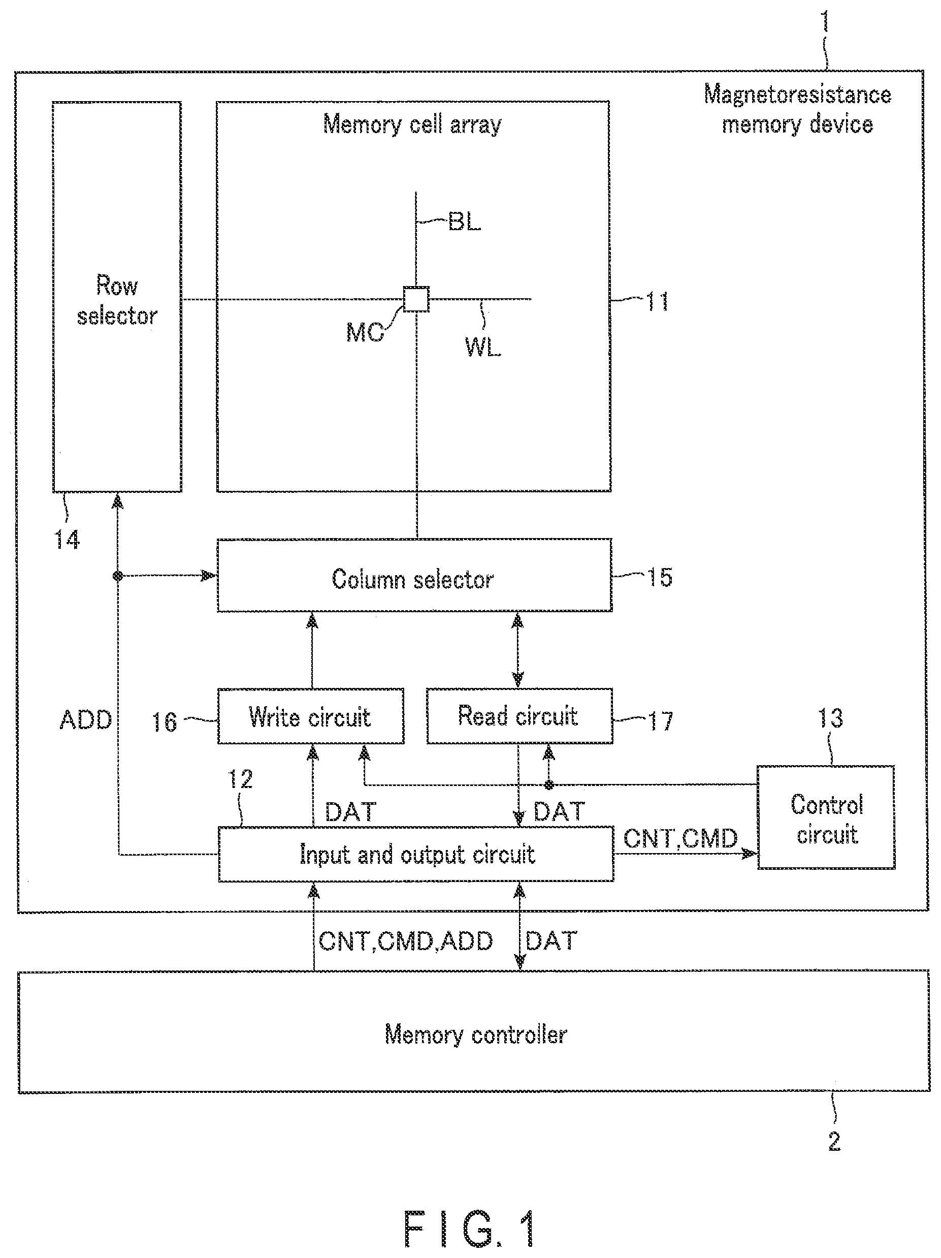 Patent US11776603 — Magnetoresistance memory device and method of manufacturing magnetoresistance memory device — Figure 1