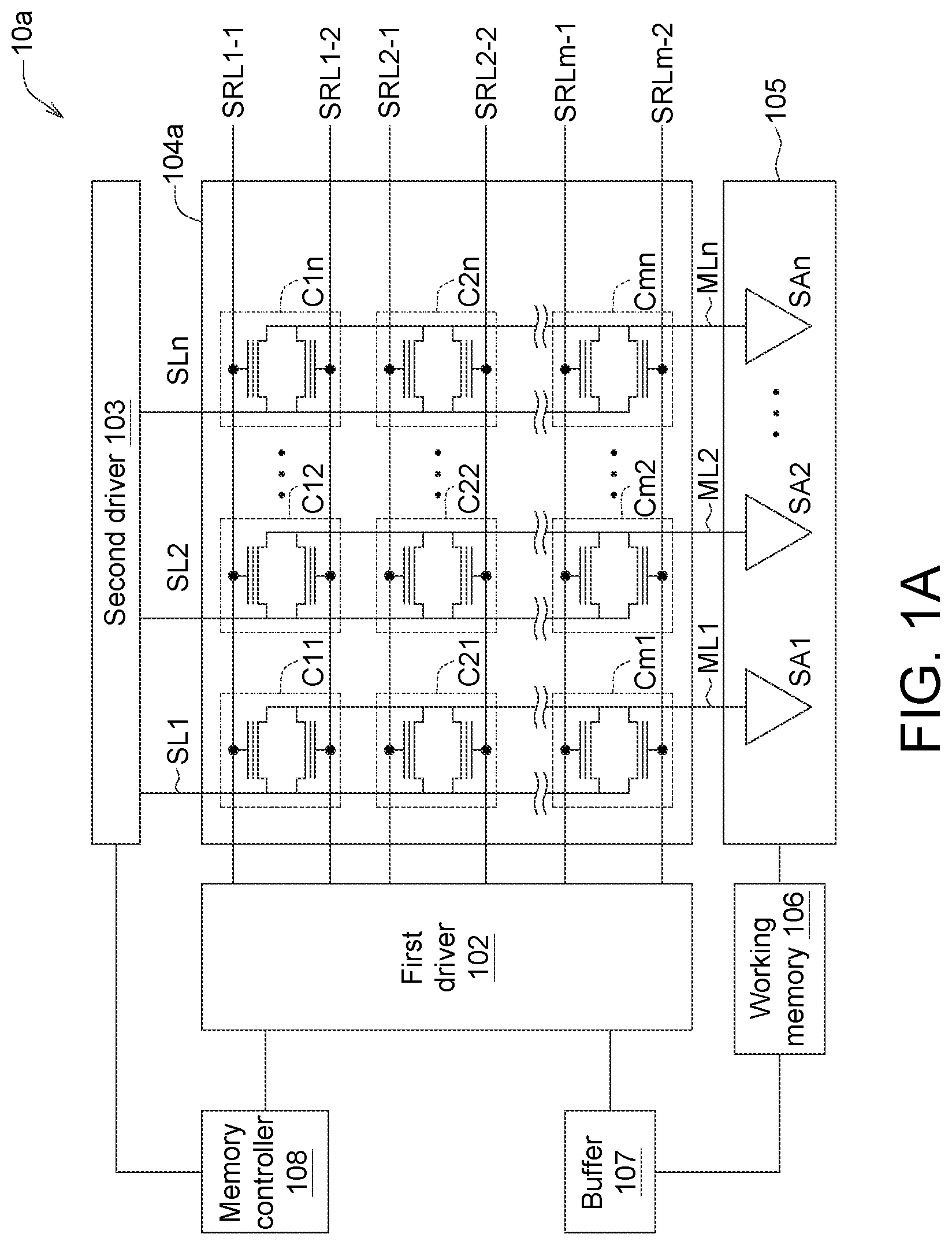 Patent US11776618 — Memory device with in-memory searching array and operation method thereof for implementing finite state machine — Figure 1