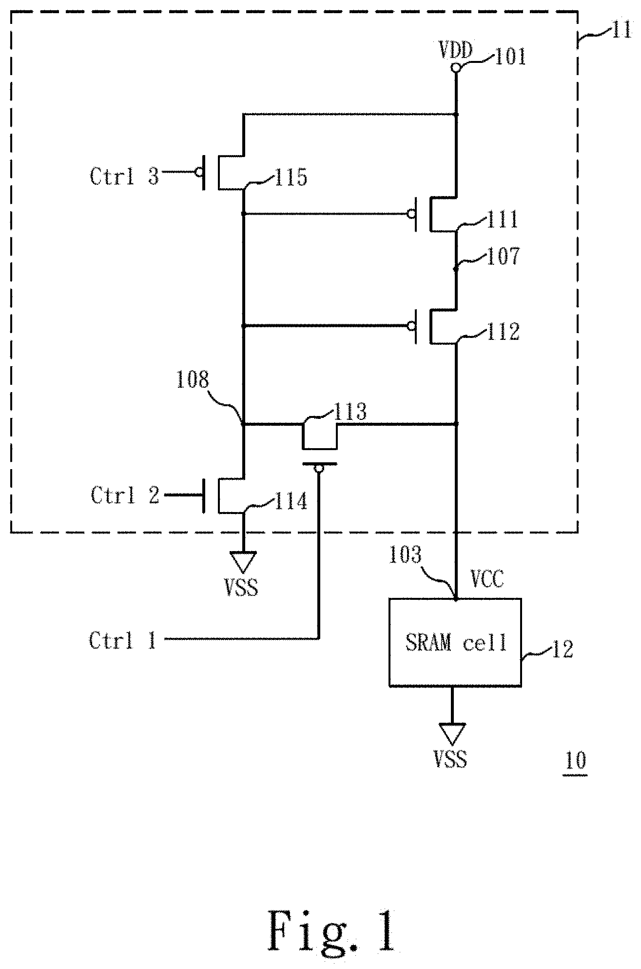 Patent US11776621 Figure 1 – Memory device for increasing write margin during write operation and reducing current leakage during standby operation and operation method thereof
