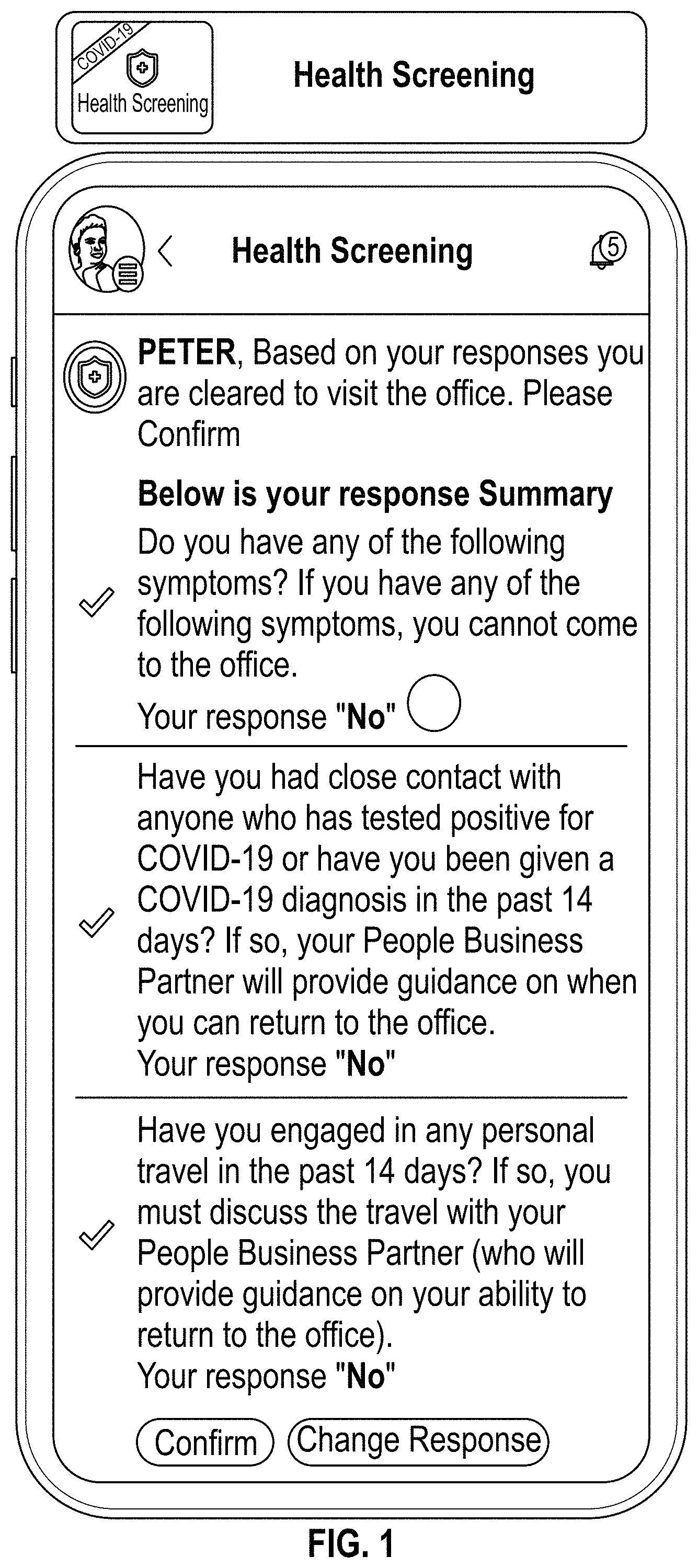 Patent US11776670 Figure 1 – System and method for facilitating employee health screening using an application on a mobile computing device