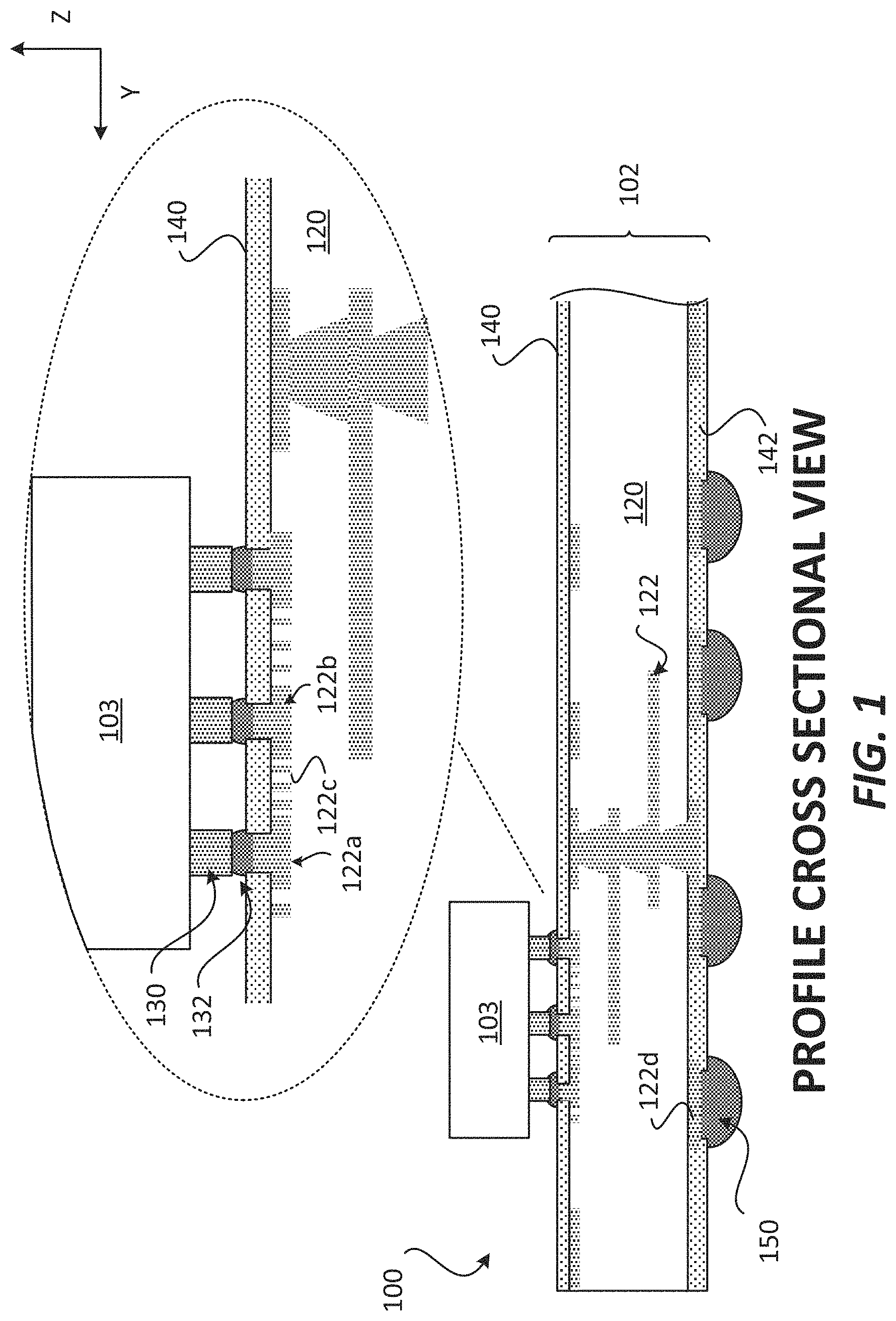Patent US11776888 — Package with a substrate comprising protruding pad interconnects — Figure 1