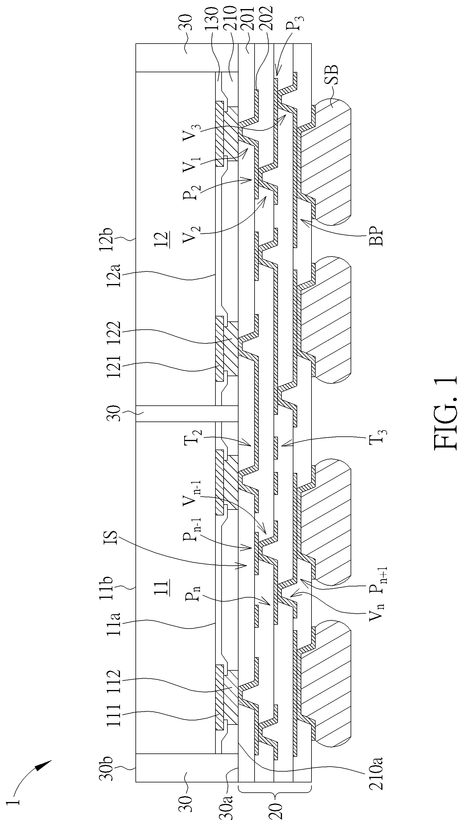 Patent US11776899 — Via array design for multi-layer redistribution circuit structure — Figure 1