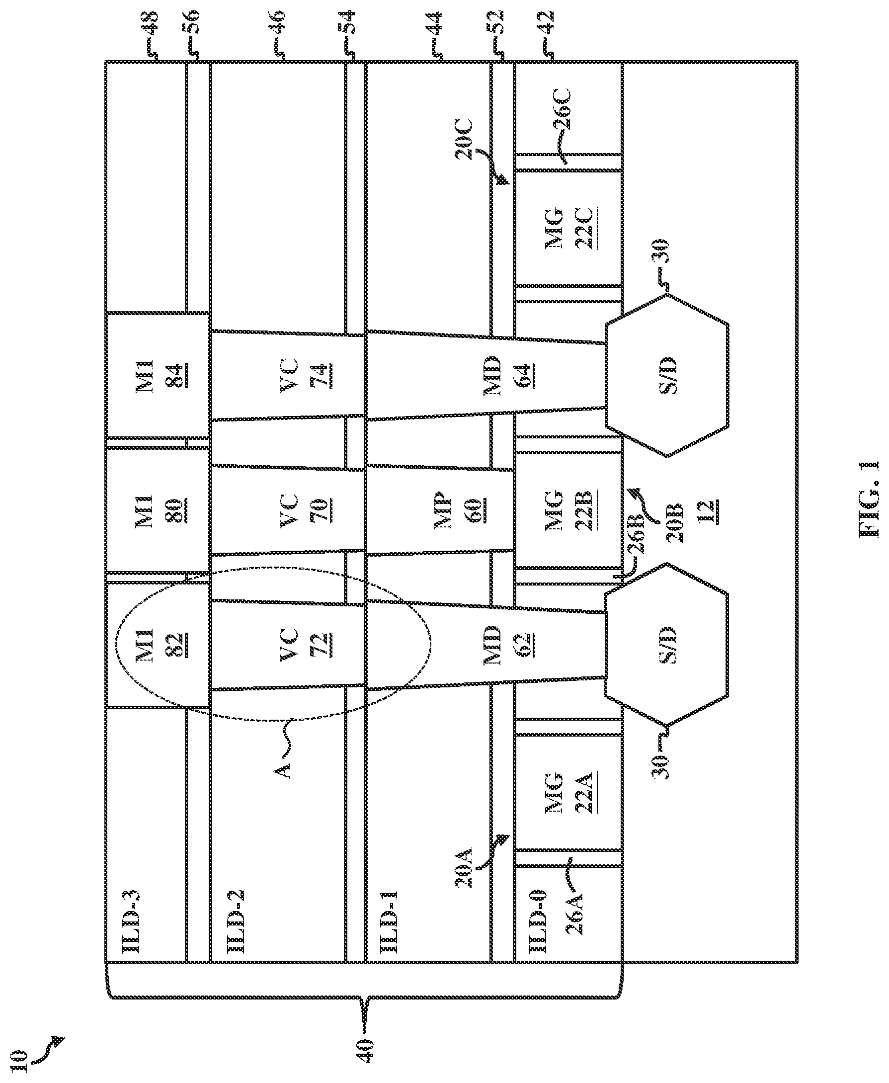 Patent US11776910 — Partial barrier free vias for cobalt-based interconnects and methods of fabrication thereof — Figure 1