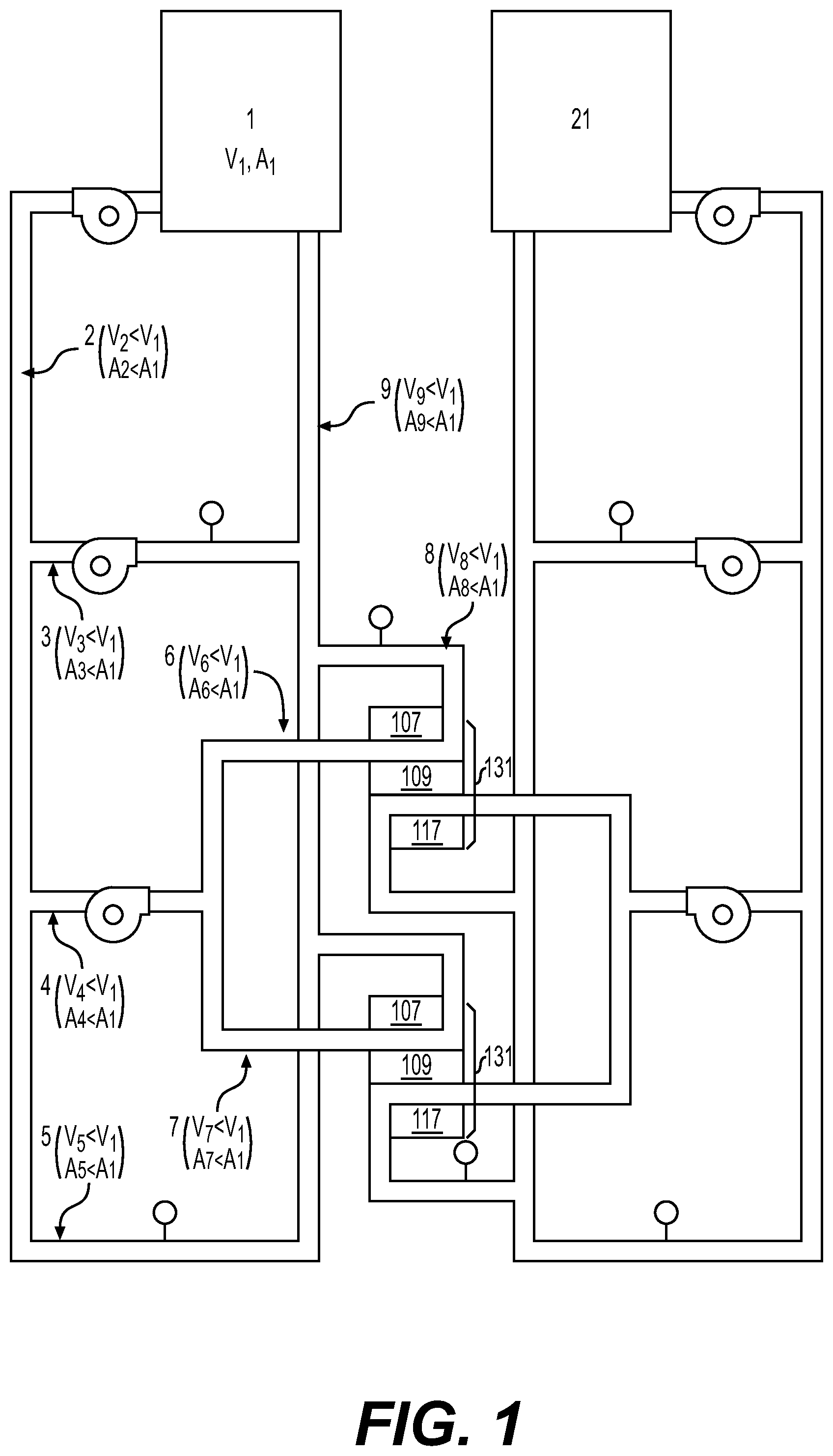 Patent US11777128 — Flow battery with a dynamic fluidic network — Figure 1