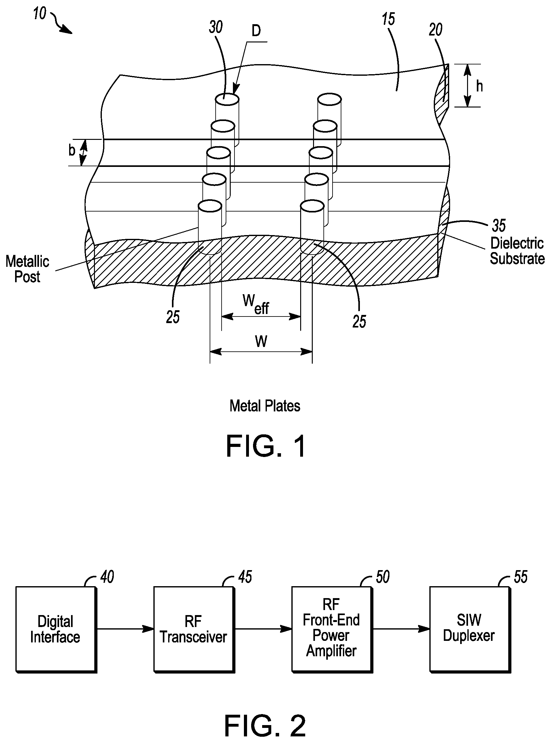 Patent US11777186 — Front-end module comprising front-end components and a substrate integrated waveguide filter formed on a printed circuit board — Figure 1