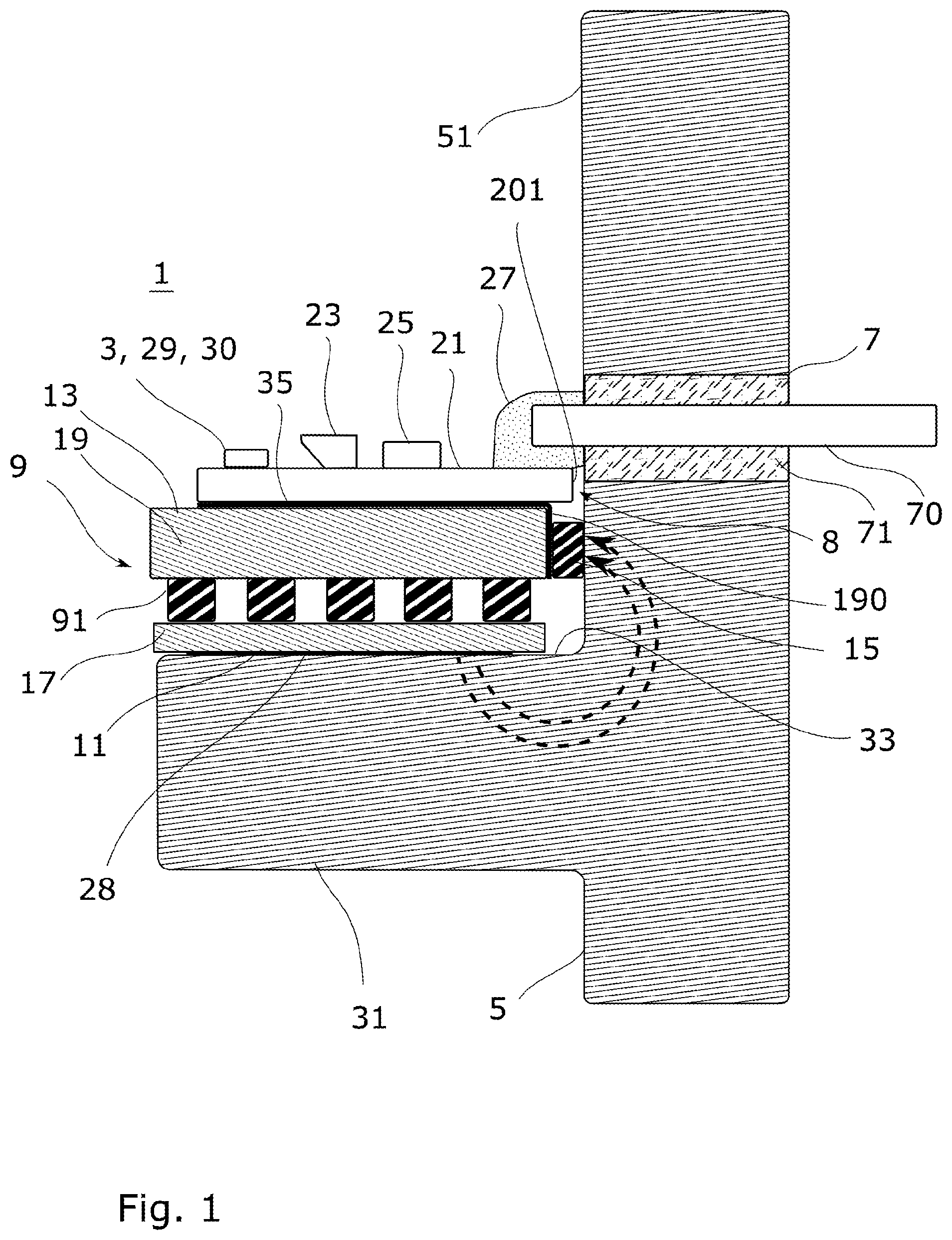 Patent US11777189 — Header for a package including an electronic component for radio frequency signal transmission — Figure 1