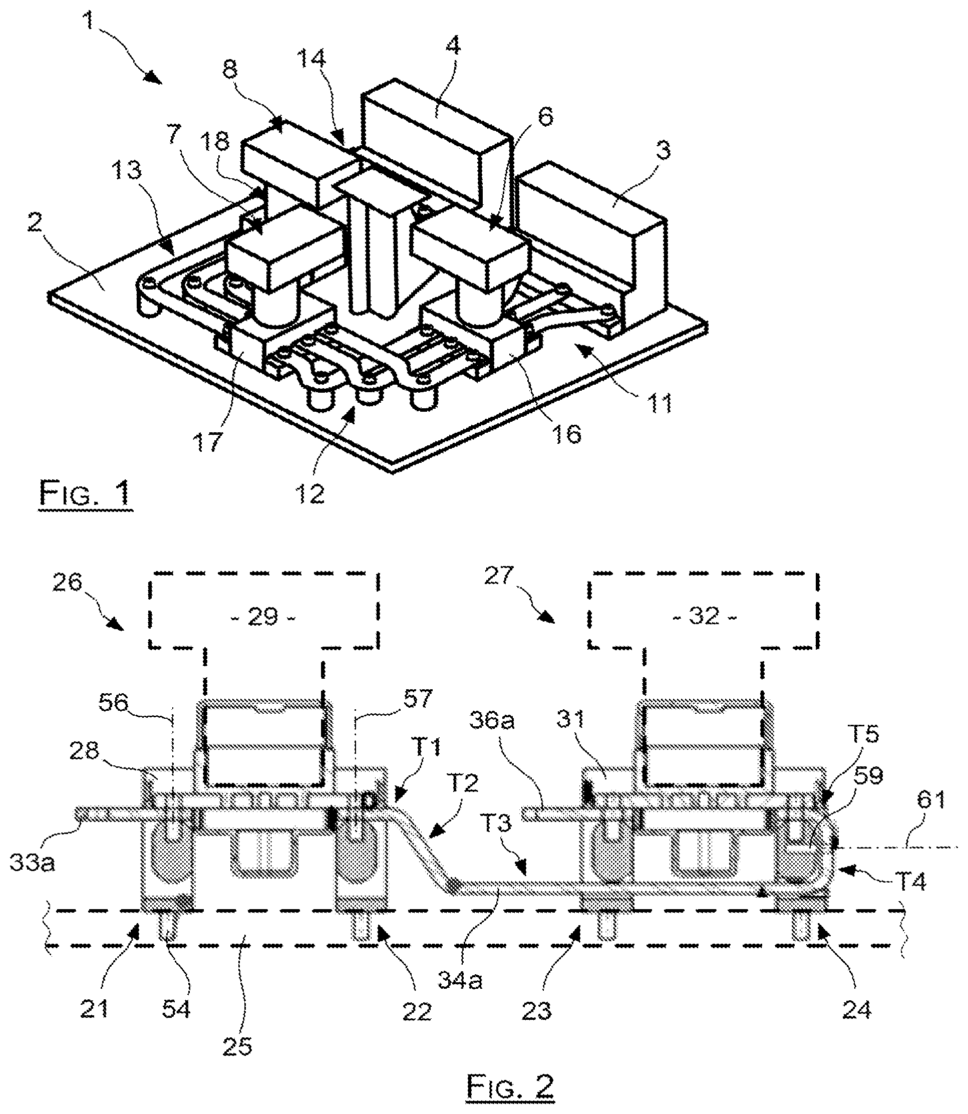 Patent US11777235 — Electrical distribution module comprising pedestals jointly supporting power bars and power components — Figure 1