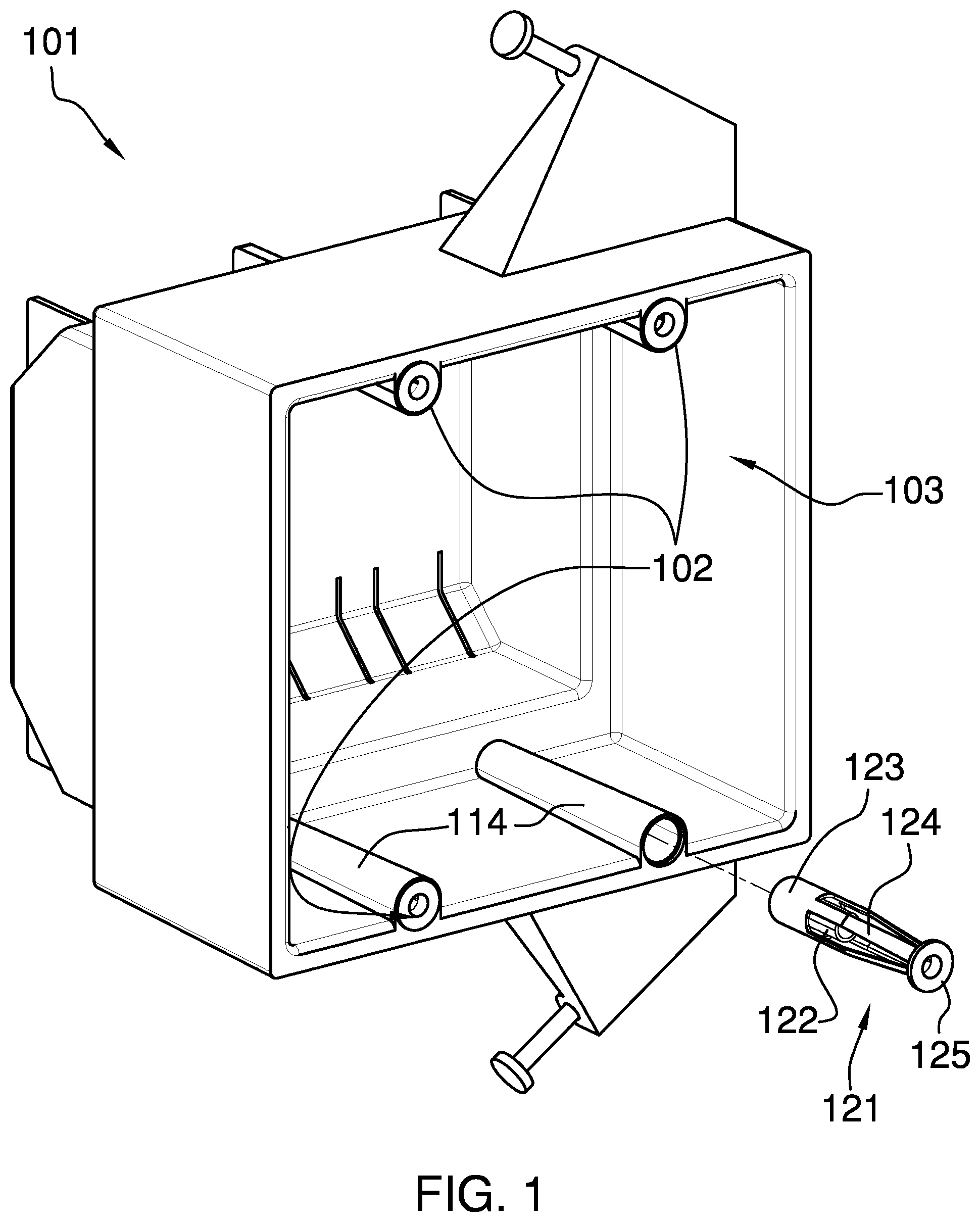 Patent US11777290 — Plastic gang box with metal threaded nut attachment — Figure 1
