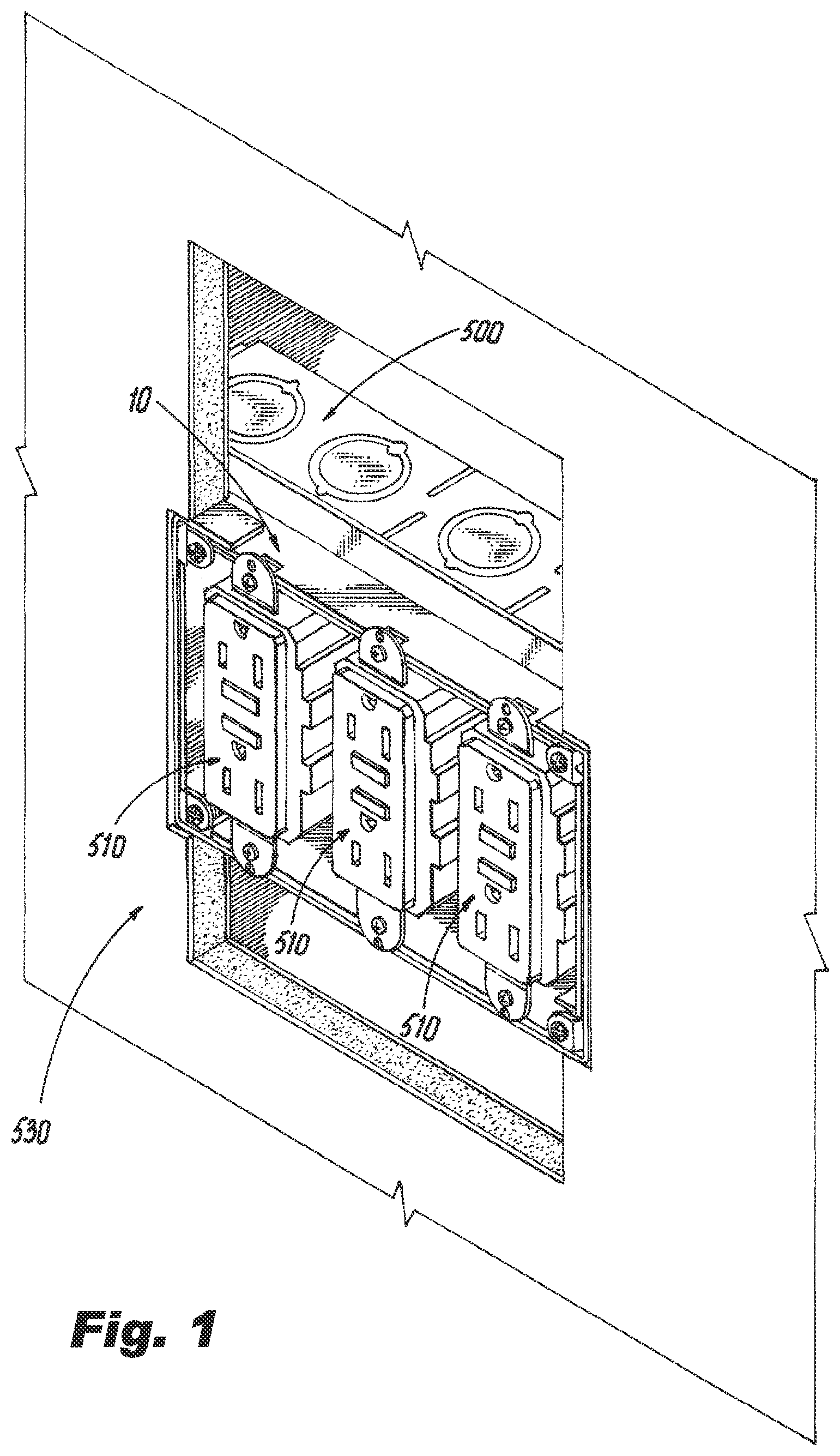 Patent US11777294 Figure 1 – Multi-gang adjustable mud ring assemblies