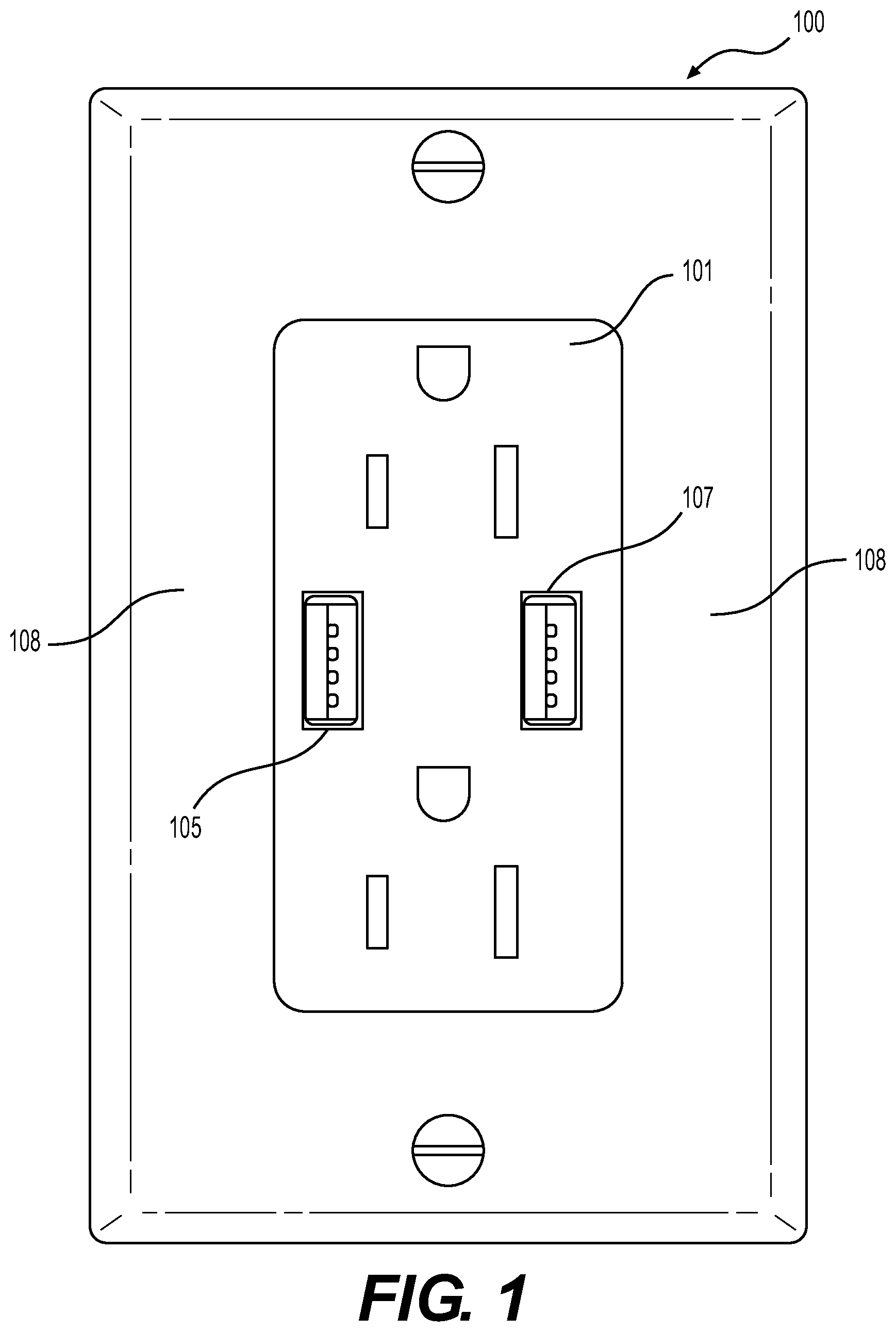 Patent US11777295 Figure 1 – Cable retaining wall plate for combination AC and DC power outlets