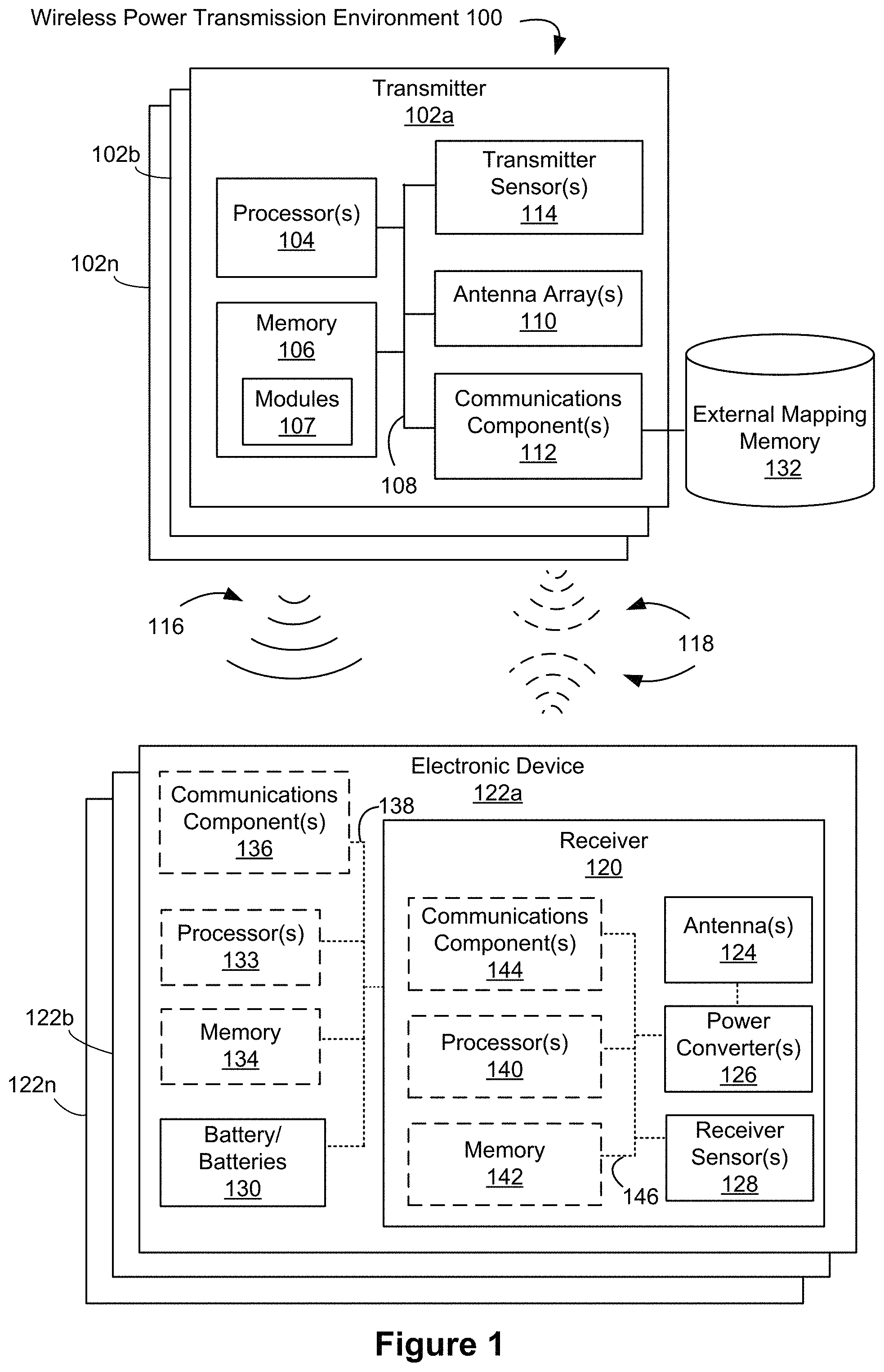 Patent US11777342 — Wireless power receiver with a transistor rectifier — Figure 1