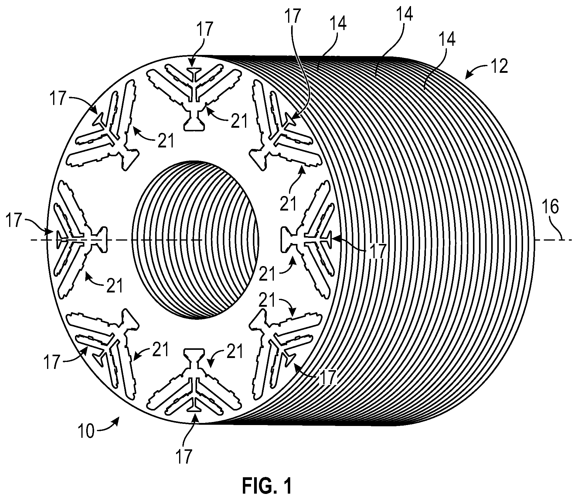 Patent US11777348 — Rotor core with load bearing polymer and insert — Figure 1
